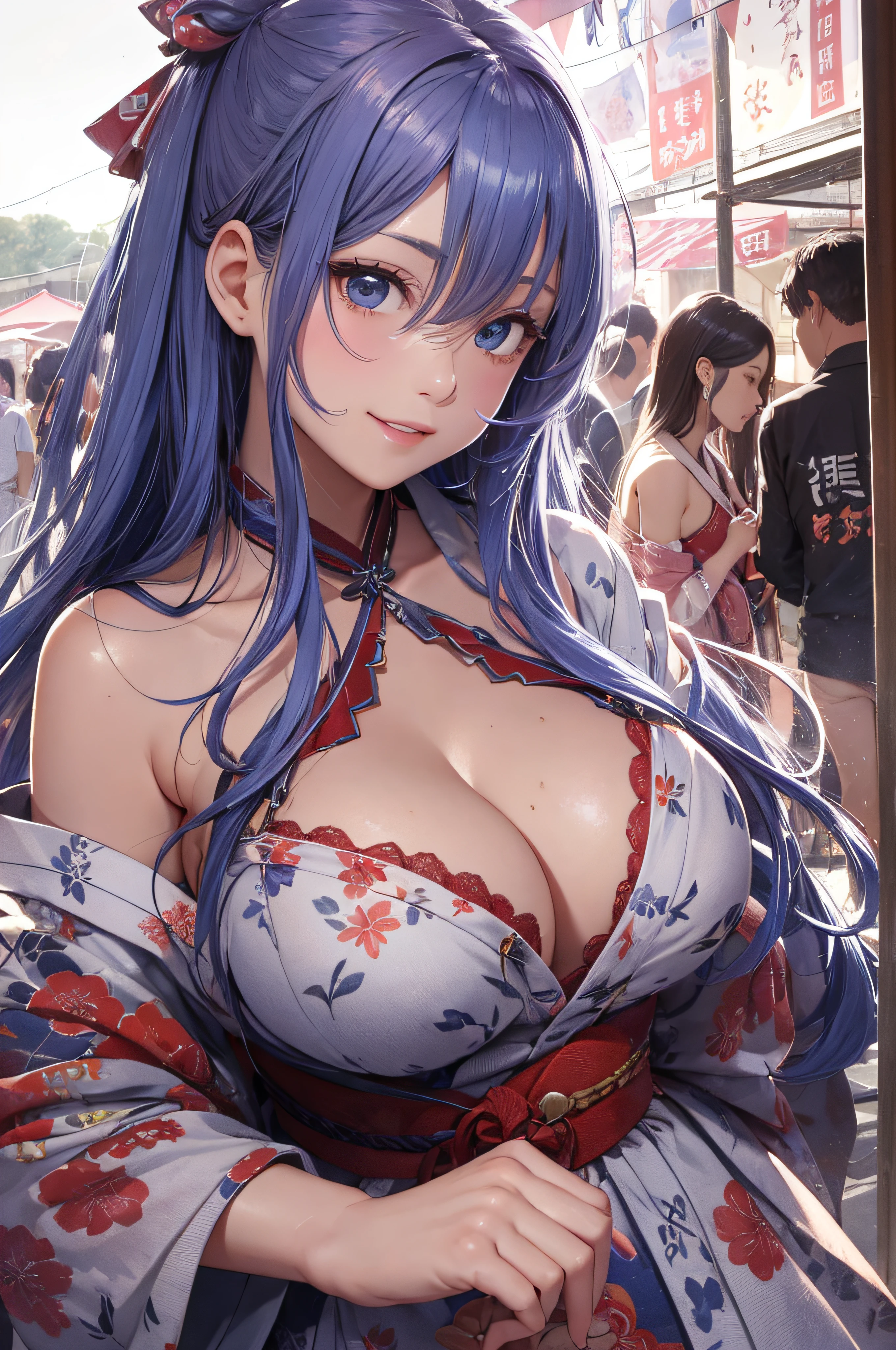 8K picture quality、top-quality、masutepiece、An ultra-high picture quality、ultra-detailliert、Ultra-realistic hair quality、Vibrant colors、Beautuful Women、Beautiful long hair、Shiny hair、detailed hairs、blue hairs、poneyTail、Blue eyes、shinny skin、Lace underwear、Very gigantic-breasts、Sweat on the forehead and cheeks、extremely big ass、Fluffy off-shoulder yukata、A smile、soft pink lips、Ultra-realistic flesh feeling、Red cheeks、summer festival in background