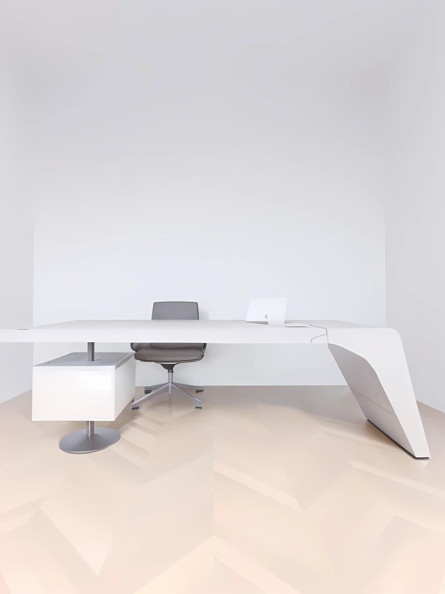 there is a desk with a chair and a computer on it, minimalist desk, minimalist home office, minimalist furniture, minimalistic design, big desk, detailed wooden table, curved furniture, minimalist design, office furniture, furniture design, desk, smooth curvature design, modern office, wooden table, white floor, white table, on a white table, minimal modern