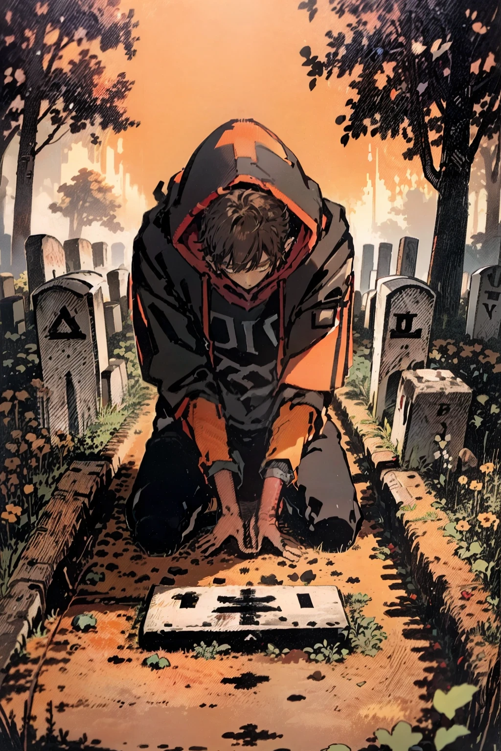A thin young man with an average build and dark skin. His mouth is sewn shut, although his look indicate tranquility. He is sitting on a large rock, reading a book. His hair is black and short. He is wearing a black hoodie and black sweatpants, and wears black prescription glasses. Next to him is a huge sack full of potatoes, a sack that is sealed with a rope and has several bloodstains on it. The background is a peaceful, green hill.