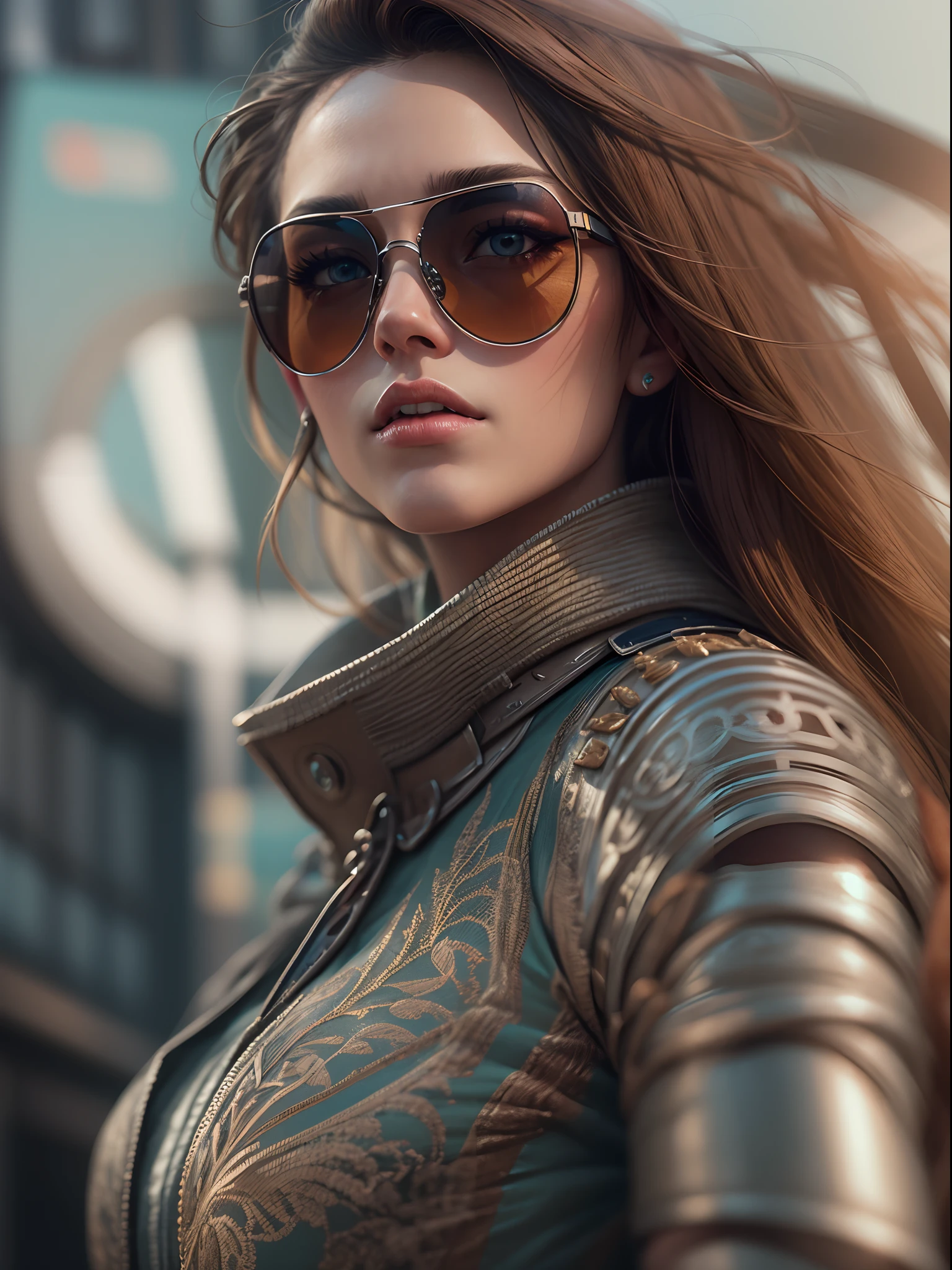 A very realistic and very detailed picture of a beautiful German woman wearing sunglasses in the future city of Berlin , The outfit engraved with German shield plates , long  hair, Hand and body tattoos, Fashion pose, Beautiful hazel eyes symmetrical detailed, detailed gorgeous face, Advanced German Environment , Integration of German civilization with futuristic nanotechnology , outstanding detail, 30 MP, 4k, كاميرا كانون EOS 5D Mark IV الرقمية SLR, 85mm lens, sharp focus, intricately detailed, Long exposure time, f/8, ISO 100, shutter speed 1/125, Diffused backlight, ((award winning photograph)) , facing camera, looking into the camera, Monovision, Perfect contrast, high sharpness, facial symmetry, Depth-of-field, ultra-detailed photography, Raitsar, global illumination, Tanvertamim, downy, Ultra-High Definition, 8k, unreal engine 5, Ultra-sharp focus, award-winning photograph, trending on Artstation