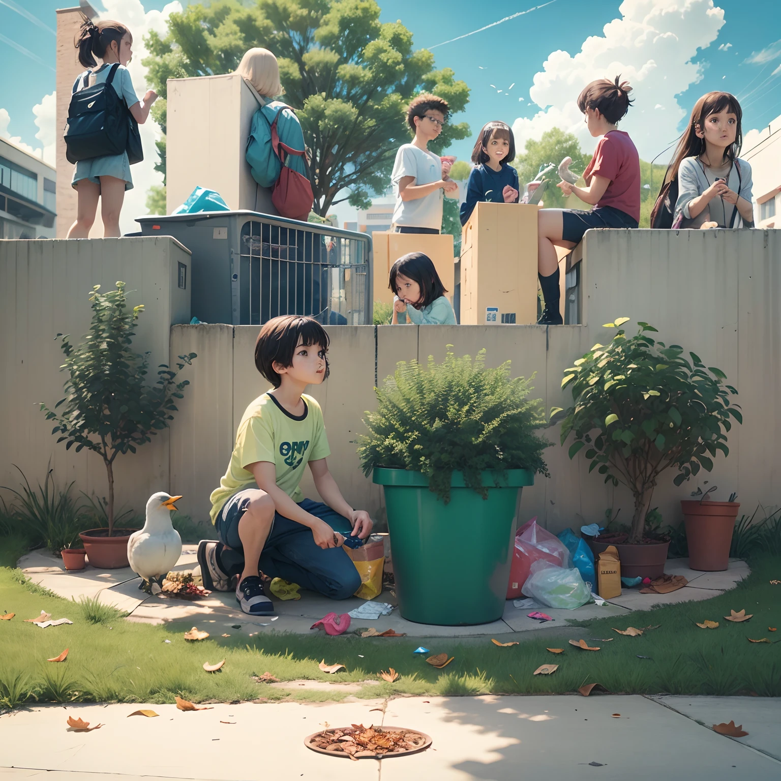 in a city square, with children throwing trash in a colorful trash basket of plastic glass paper,with green trees, with dry leaves on the ground on the grass quite green and clean, birds, buildings on the sides of the square, bancos de madeiras pintado a branco, No meio, Highlighted, cestos de lixo para papel, plastic, Sacos... clouded skies, Estilo anime.