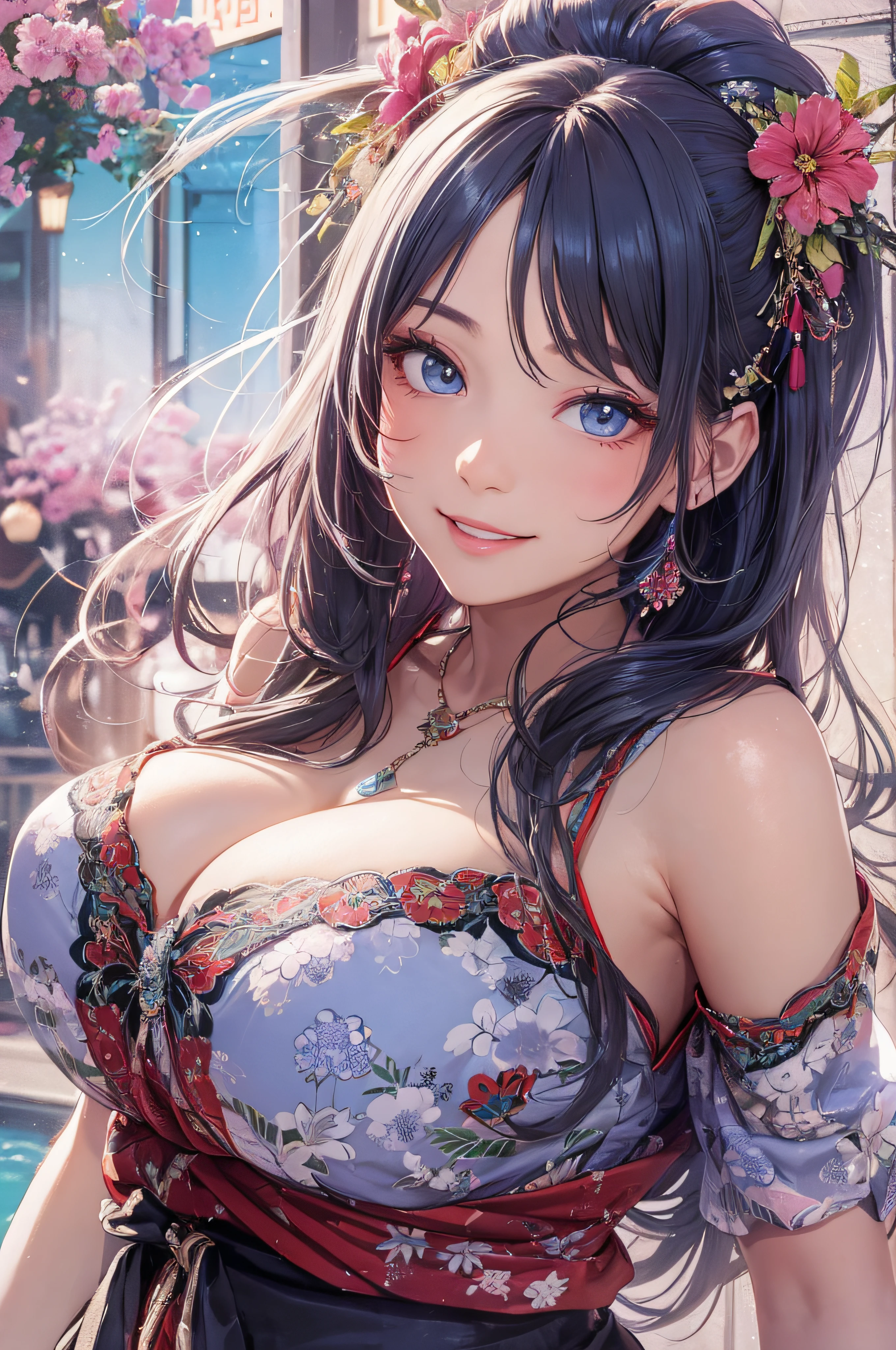 8K picture quality、top-quality、masutepiece、An ultra-high picture quality、ultra-detailliert、Ultra-realistic hair quality、Vibrant colors、Beautuful Women、Beautiful long hair、Shiny hair、detailed hairs、Blue Mesh、poneyTail、Blue eyes、shinny skin、Lace underwear、Very gigantic-breasts、Sweat on the forehead and cheeks、extremely big ass、Fluffy off-shoulder yukata、A smile、soft pink lips、Ultra-realistic flesh feeling、Red cheeks、summer festival in background