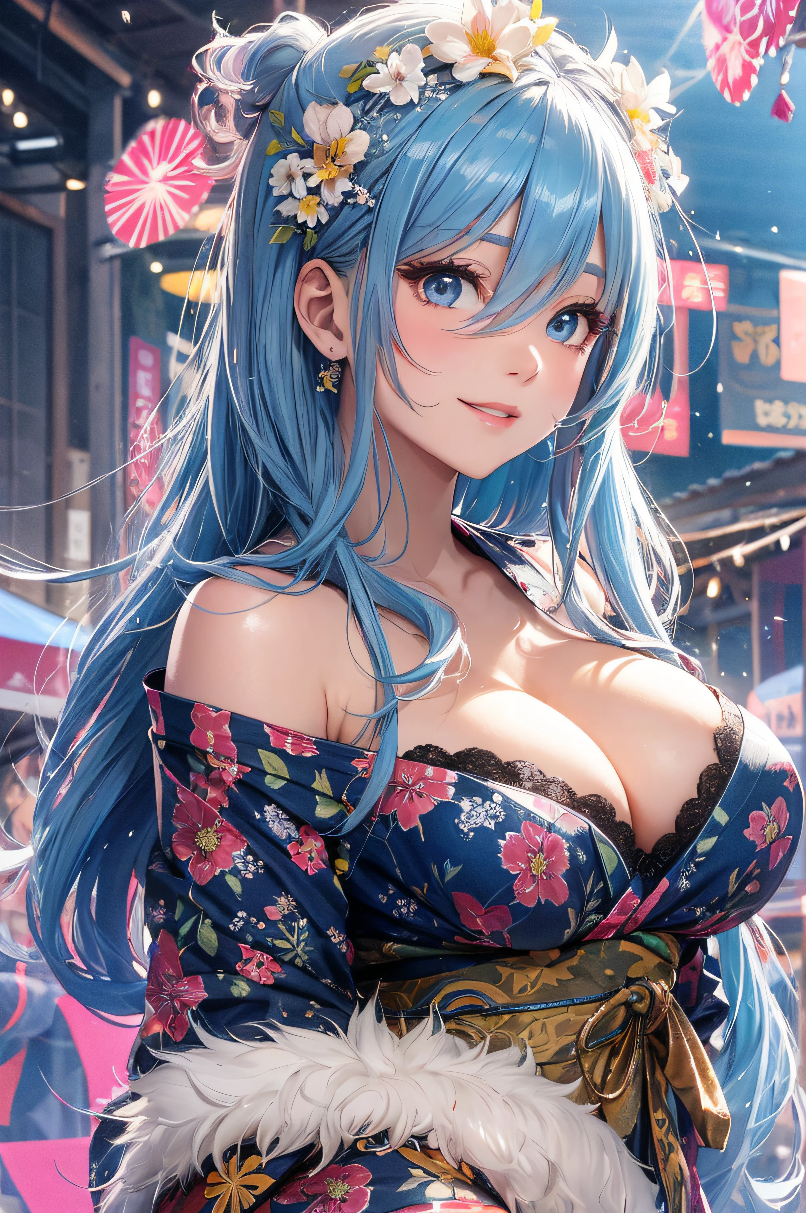8K picture quality、top-quality、masutepiece、An ultra-high picture quality、ultra-detailliert、Ultra-realistic hair quality、Vibrant colors、Beautuful Women、Beautiful long hair、Shiny hair、detailed hairs、Blue Mesh、poneyTail、Blue eyes、shinny skin、Lace underwear、Very gigantic-breasts、Sweat on the forehead and cheeks、extremely big ass、Fluffy off-shoulder yukata、A smile、soft pink lips、Ultra-realistic flesh feeling、Red cheeks、summer festival in background