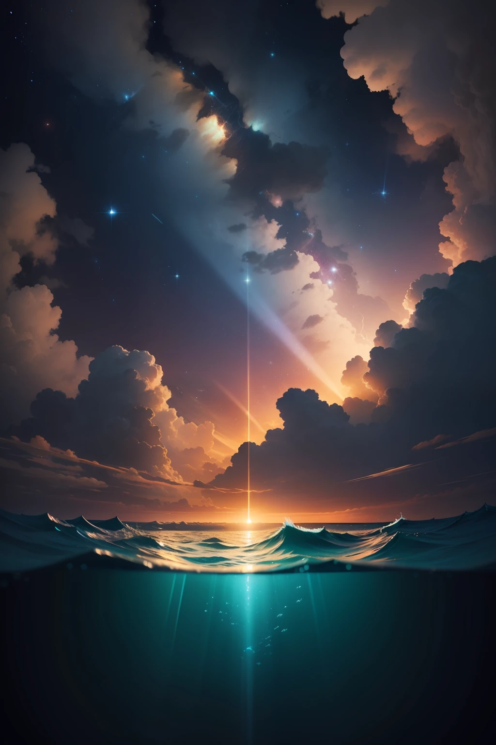 Rays of intense and bright lights curving below the depths of the sea waters in high quality 8k with multiple stars, and various lights reflecting off outer space.