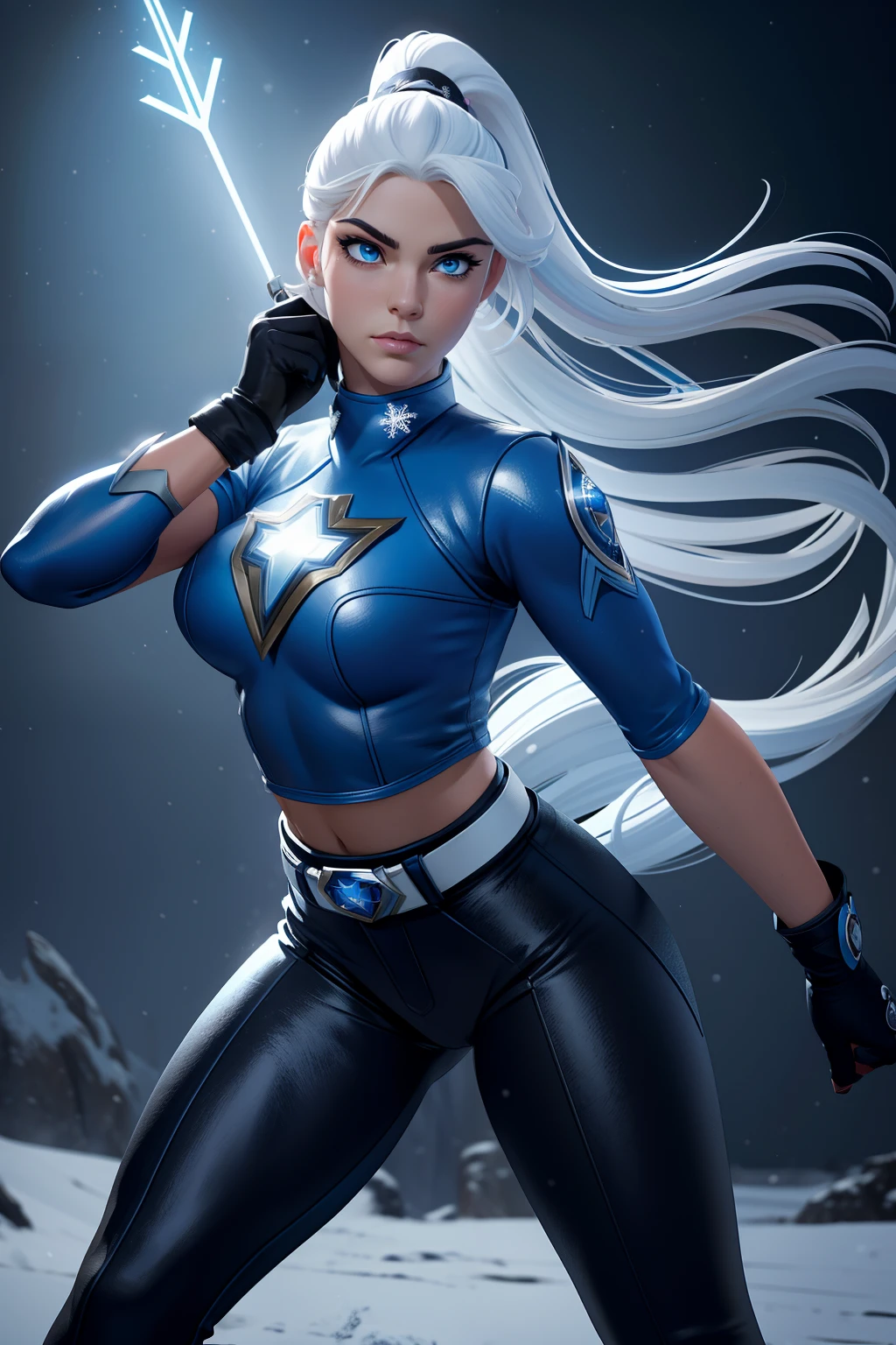 ((best quality)), ((masterpiece)), ((ultra realistic)), (dynamic heroic pose), ((solo)), american, beautiful detailed face, detailed eyes, a superheroine, has ice powers, white hair ponytail, back midriff with blue outlines and a snowflake symbol on her right, has black gloves with fur on her the wrist part, wears black tight pants, with a blue belt, blue lines on the knee
