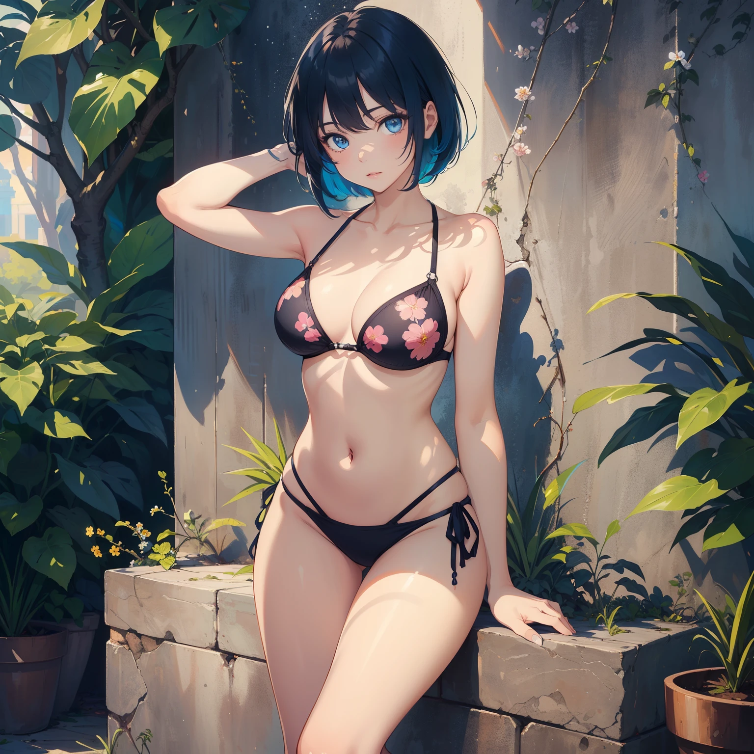 (finely detailed beautiful eyes and detailed face,masterpiece, full body shot, sidelighting,masterpiece,best quality,detailed,high resolution illustration),
(1girl,whole body,bishoujo,lustrous skin,looking down,looking at viewer),
(short blue hair, bobcut, sky blue eyes,floral pattern black bikini, sneakers)