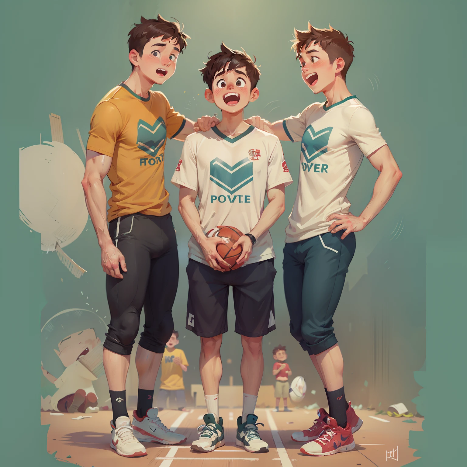 2 tall boys play sports, the person in the middle is a bit short, the guy in the middle is wearing a shirt, hugging, 3 mens, lovee