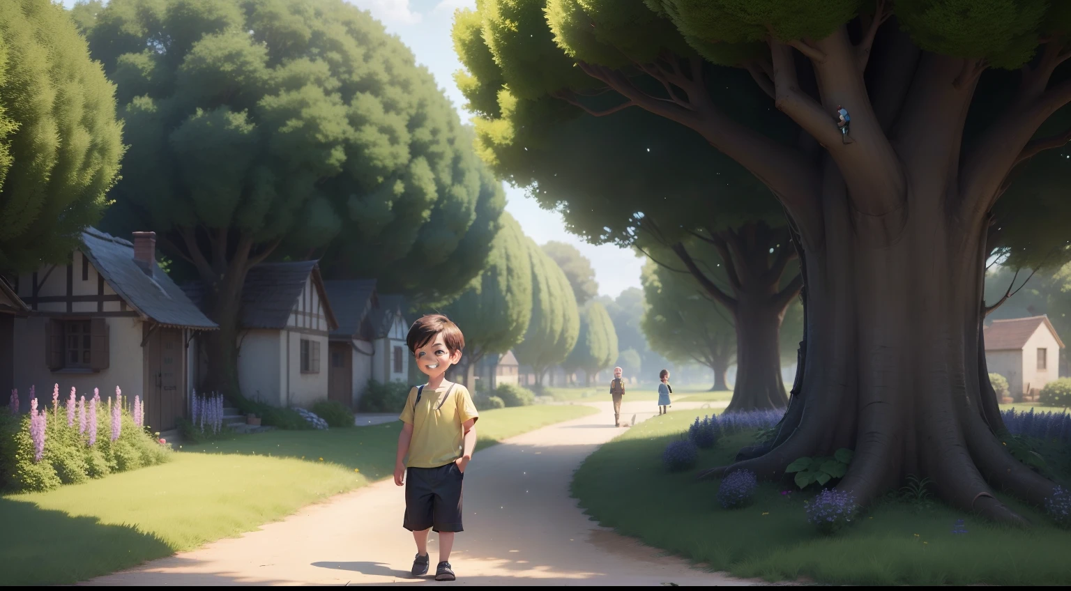 Introduce the main characters, Aidy, medium boy with epitome of curiosity and enthusiasm, with twinkling eyes and an infectious smile standing in a small village surrounded by beautiful green fields, tall and swaying trees, animate Pixar style, clip art, high quality drawings, illustration, 4K, 3D