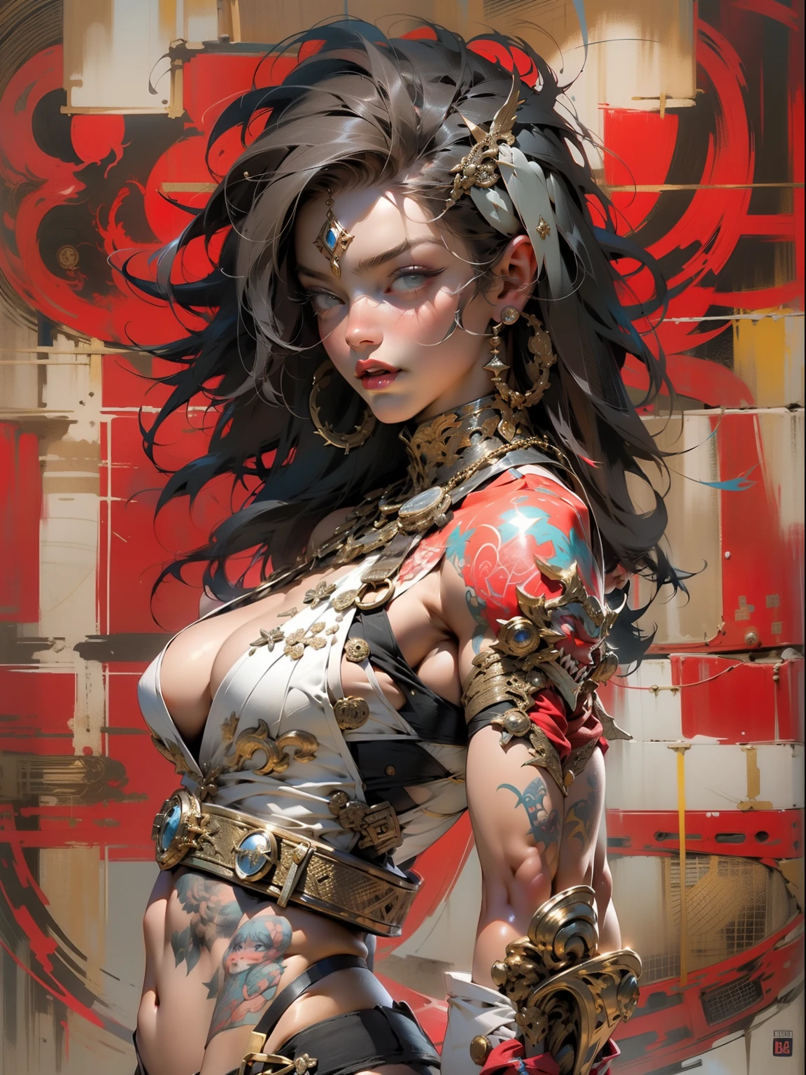 (((mulher))), (((melhor qualidade))), (((obra prima))), (((adulta))), Uma guerreira mulher de 35 anos com corpo perfeito, Brooklyn Gladiators, (( under boobs )), quase nua no estilo selvagem urbano de Simon Bisley para a capa da revista Heavy Metal, cabelo loiro, Minimum clothing, red and white checkered pattern, armadura, cheio de pontas e rebites, tatuagem tribal, (((do joelho pra cima))), cabelo desalinhado