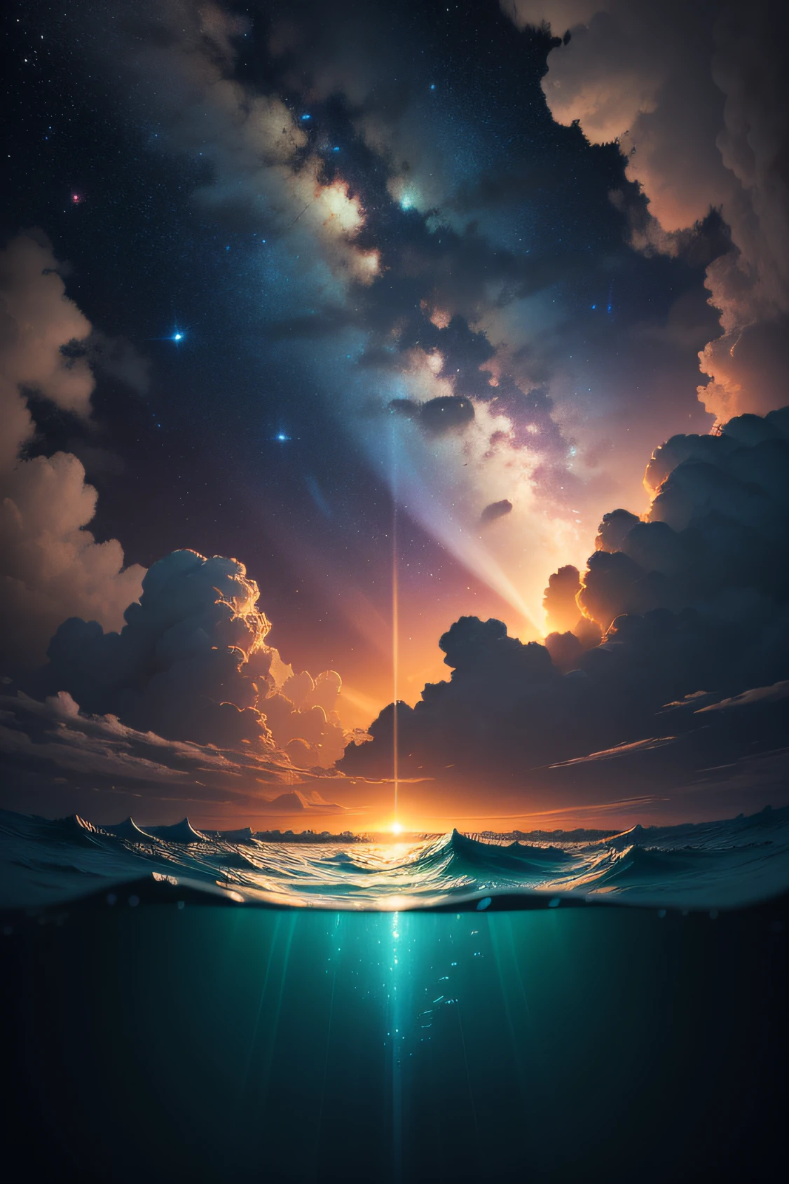Rays of intense and bright lights curving below the depths of the sea waters in high quality 8k with multiple stars, and various lights reflecting off outer space.