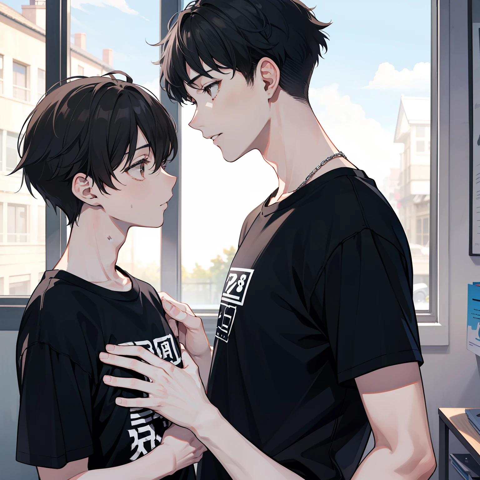 A tall、Mature 28 year old man(brush cut,Looks mature)Holding a 12-year-old boy(black color hair,Dark brown eyes,Wear a T-shirt)tmasterpiece,Very high quality。