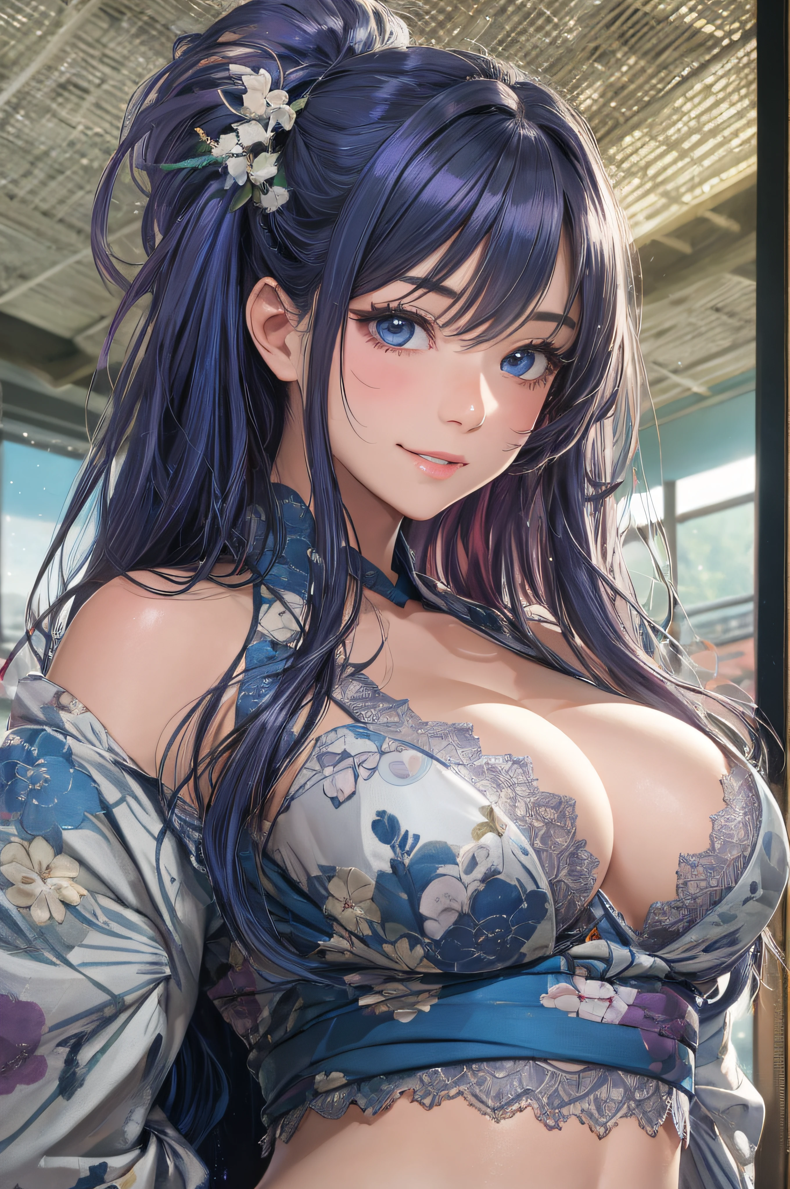 8K picture quality、top-quality、masutepiece、An ultra-high picture quality、ultra-detailliert、Ultra-realistic hair quality、Vibrant colors、Beautuful Women、Beautiful long hair、Shiny hair、detailed hairs、Blue Mesh、poneyTail、Blue eyes、shinny skin、Lace underwear、Very gigantic-breasts、Sweat on the forehead and cheeks、extremely big ass、Fluffy off-shoulder yukata、A smile、soft pink lips、Ultra-realistic flesh feeling、Red cheeks、summer festival in background