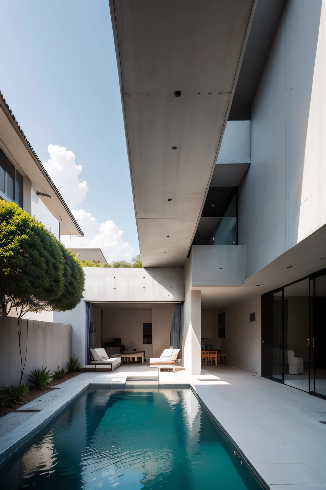 there is a pool in the backyard with a tree in the middle, concrete architecture, very vanish, and new, recently built, white walls, architectural shot, horizontal aspect, archdaily, brutal concrete architecture, inter dimensional villa, contemporary architecture, concrete housing, arborescent architecture, concrete, brutalist shiro, arhitectural shot, well-designed masterpiece, by Matteo Pérez, pablo olivera, open wall architecture