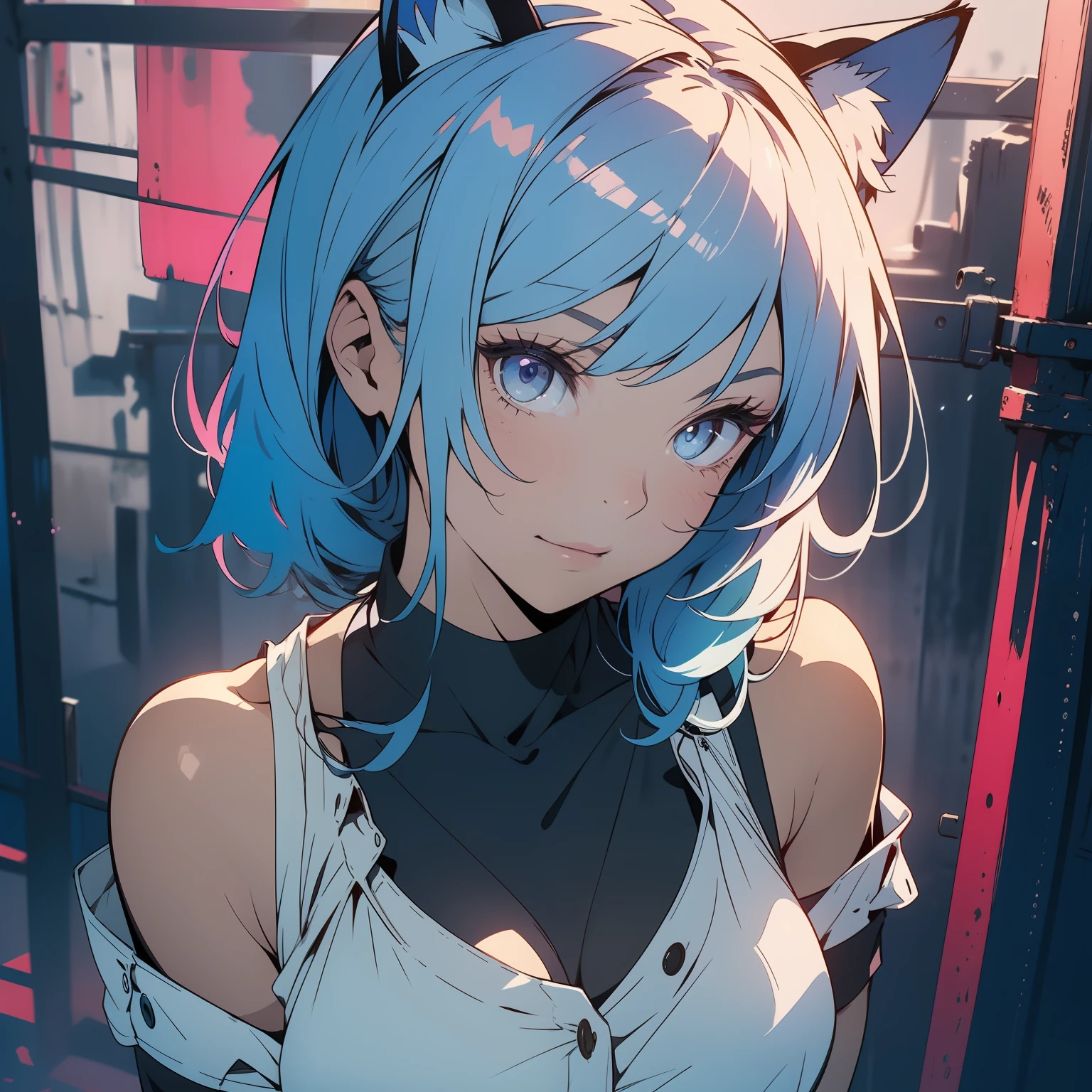 (finely detailed beautiful eyes and detailed face,masterpiece, extreme face close up shot, sidelighting,masterpiece,best quality,detailed,high resolution illustration), (1girl, solo, alone) close up of the face and chest, big chest
(1girl,whole body,bishoujo,lustrous skin,looking down,looking at viewer),
(sky blue hair,pink eyes,short skirt,cat ears,button tank top shirt)
