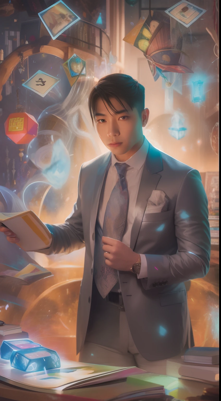 A detailed painting depicting an Asian man in a suit surrounded by a flurry of glowing magic cards and the book Dungeons and Dragons in the center.