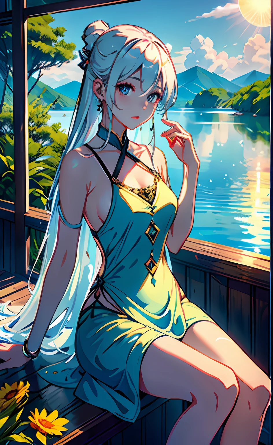 1 girl in、Serene expression、mesmerizing eyes、Straight long hair、A flowing dress、Calm posture、Porcelain skin、Subtle blush、Crystal pendant BREAK prime time、（edge lit）：1.2、a warm color palette、sunflare、soft shade、vivd colour、Pictorial effects、goddes、Three-point bikini，The face is very similar to Li Zhuqian，Fantastic atmosphere BREAK scenic lake、Far Mountain々、willowy、Calm water、Reflectors、Clouds illuminated by the sun、tranquil ambiance、Idyllic sunsets、Super meticulous、offcial art、unity 8k wall paper、Zentangle、A Mandala