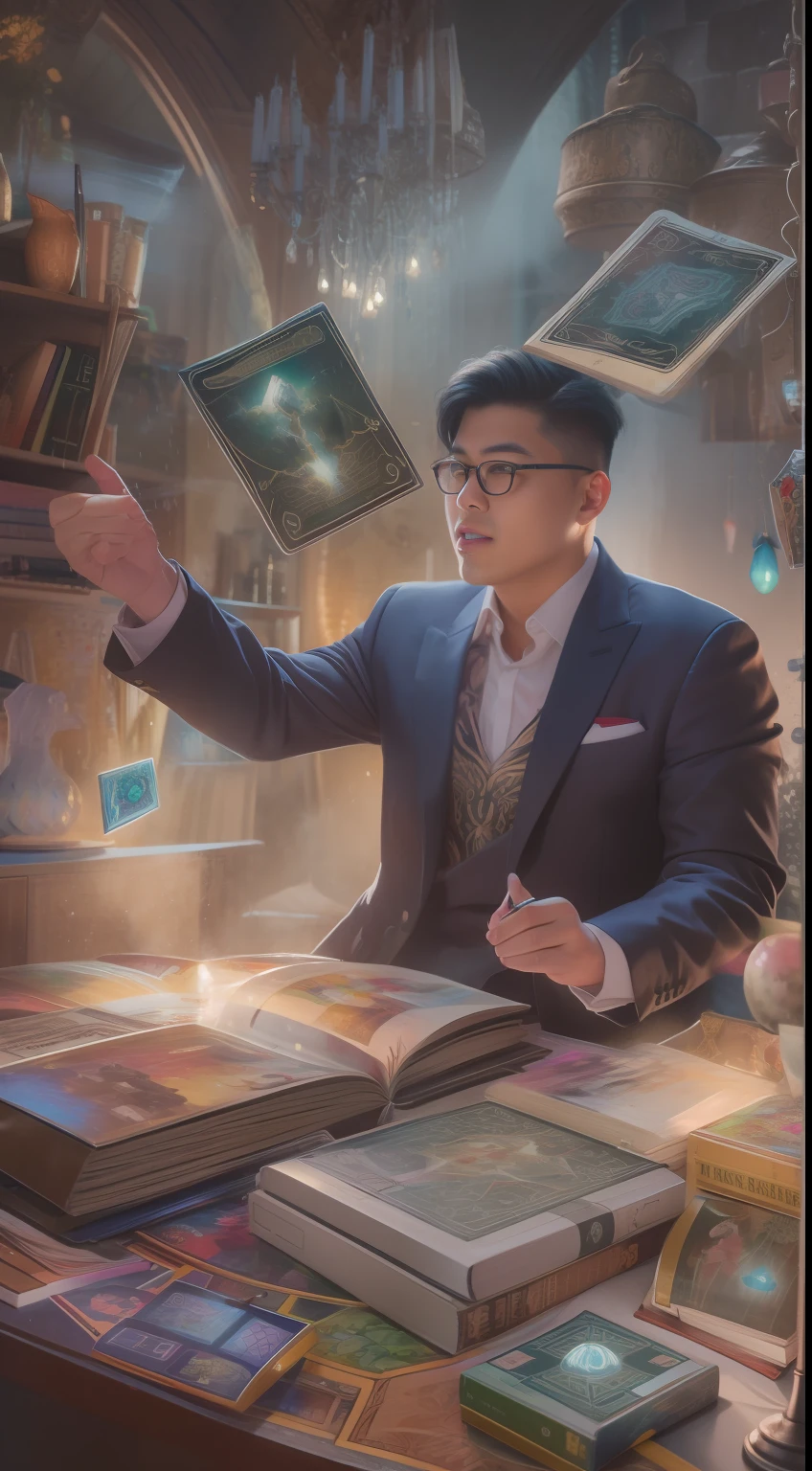 A detailed painting depicting an Asian man in a suit surrounded by a flurry of glowing magic cards and the book Dungeons and Dragons in the center.