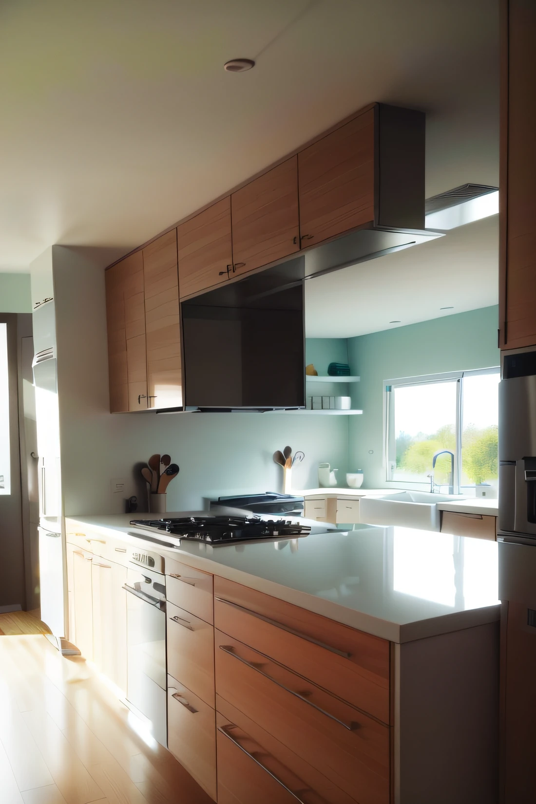 there is a kitchen with a stove, sink, and refrigerator, house kitchen on a sunny day, rendered in corona, bright window lit kitchen, wood cabinets, high quality rendering, 3/4 view from below, midcentury modern, modern design, scenic full shot, perfect crisp sunlight, rendered in 4 k, looking partly to the left, full subject shown in photo