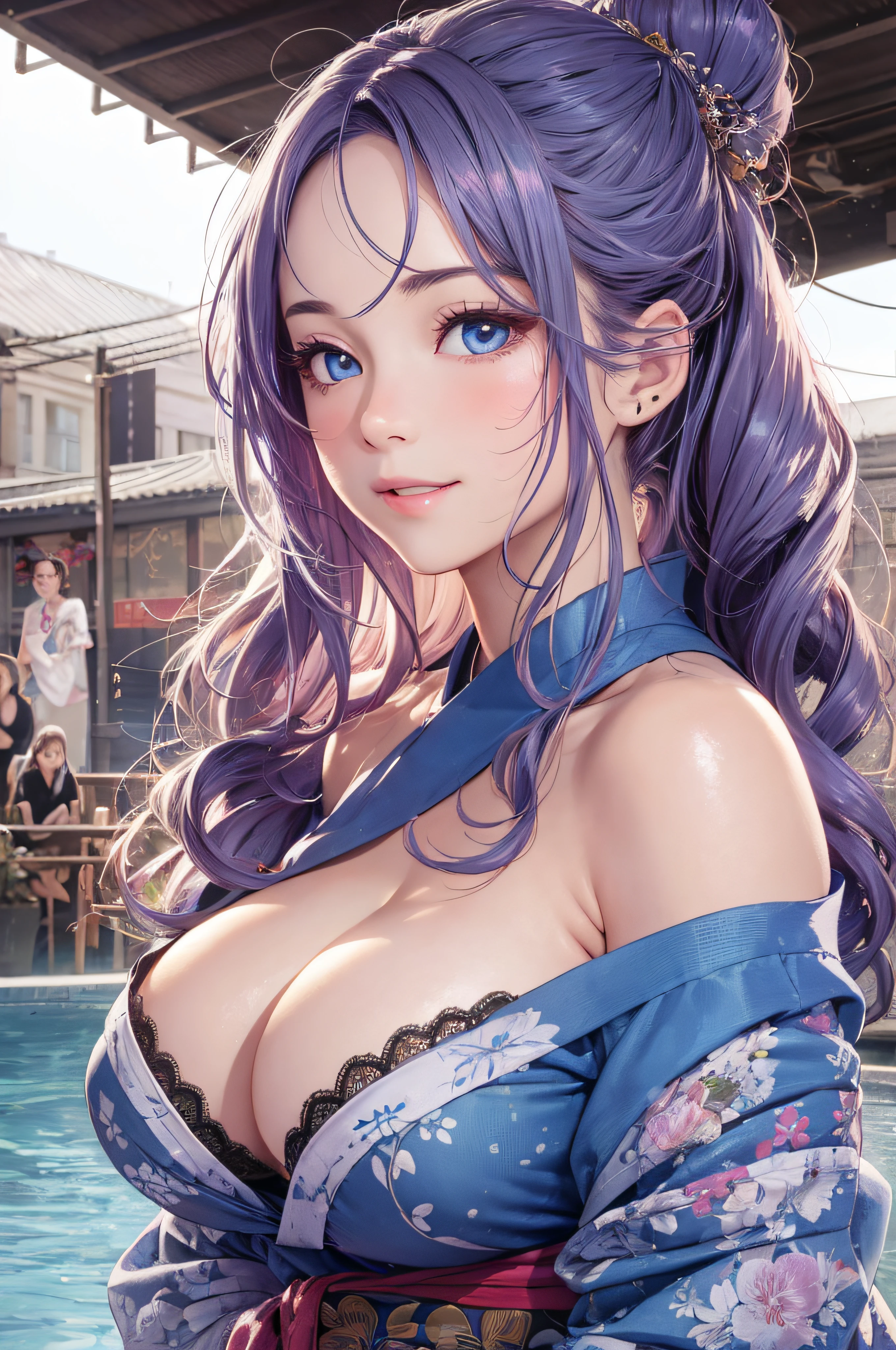 8K picture quality、top-quality、masutepiece、An ultra-high picture quality、ultra-detailliert、Ultra-realistic hair quality、Vibrant colors、Beautuful Women、Beautiful long hair、Shiny hair、detailed hairs、Blue Mesh、poneyTail、Blue eyes、shinny skin、Lace underwear、Very gigantic-breasts、Sweat on the forehead and cheeks、extremely big ass、Fluffy off-shoulder yukata、A smile、soft pink lips、Ultra-realistic flesh feeling、Red cheeks、summer festival in background