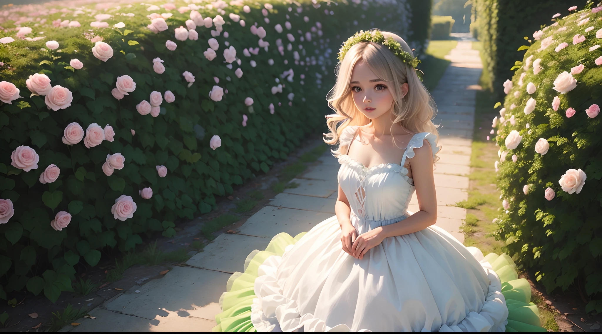 1girl, 30 anos, cabelos castanhos, ondulados, de vestido longo de organza, tulle, no jardim, rosas, flores, com olhar apaixonada, romantico, love, dress lime green, vestido longo, satin