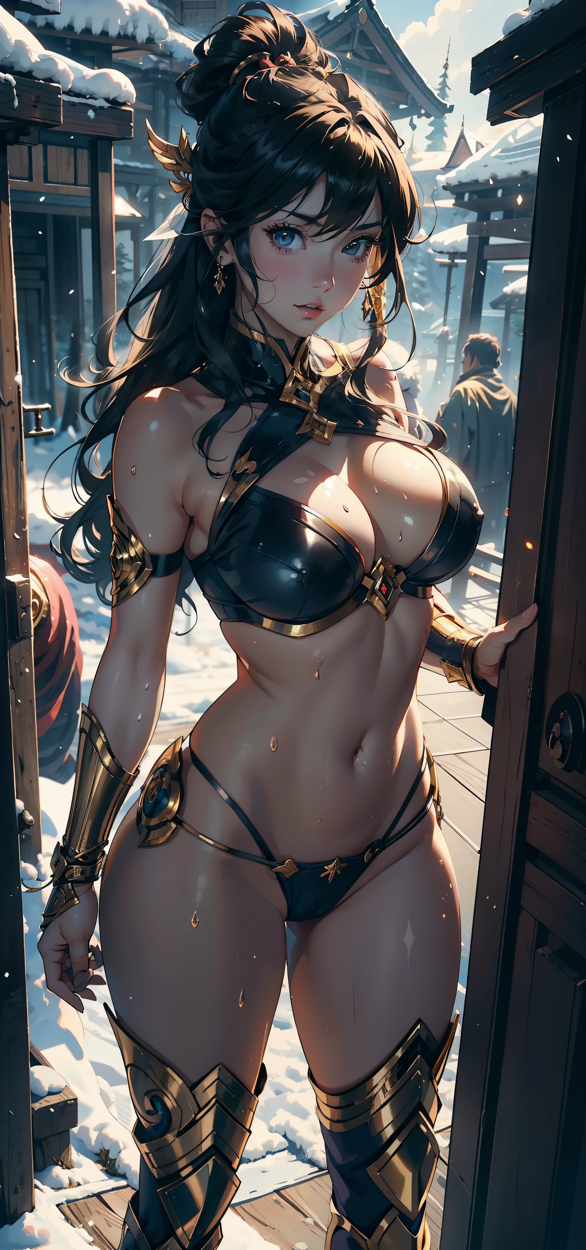 1female,25 age old,Large breasts,Pornographic exposure, 独奏,(Background with:ports,coniferous forest,at winter season,Snow on the ground) Feel free to hairstyle,standing on your feet,Sweat profusely,drenched all over the body,seen from the front, curlies, mostly cloudy sky,(((tmasterpiece),(Very detailed CG unity 8K wallpaper),best qualtiy,cinmatic lighting,detailed back ground,beatiful detailed eyes,Bright pupils,(Very fine and beautiful),(Beautiful and detailed eye description),ultra - detailed,tmasterpiece,)),facing at camera,A high resolution,ultra - detailed),revealing breasts,Bare genitalia, Bulge,Camel toes,Raised sexy,Flushed complexion,Open-mouthed,frontage,,Gold Saint Seiya,Armour