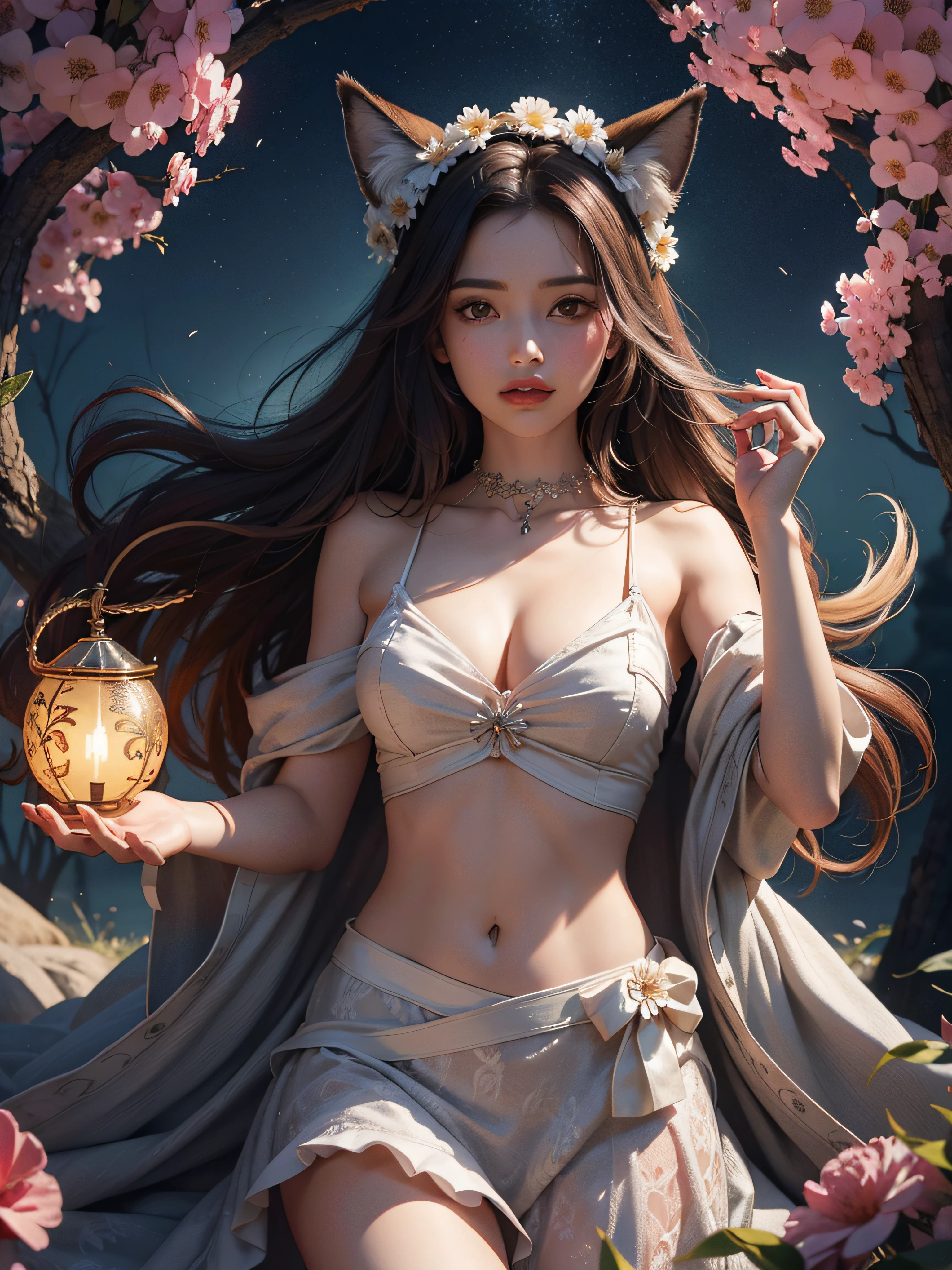 1girl, solo, arte oficial, Unity 8k papel de parede, ultra detalhado, handsome and aesthetic, obra-prima, melhor qualidade, flor sakura, fotorrealista, (fundo abstrato), emaranhado, fundo emaranhado: 0.7) Kitsune, fox mask, jaqueta haori, Bonfire spell, raposa familiar, morphing, profundidade de campo, Fantastical Atmosphere, a mais bela forma de caos, elegante, um brutalista projetado, flor da morte, flower ecstasy
