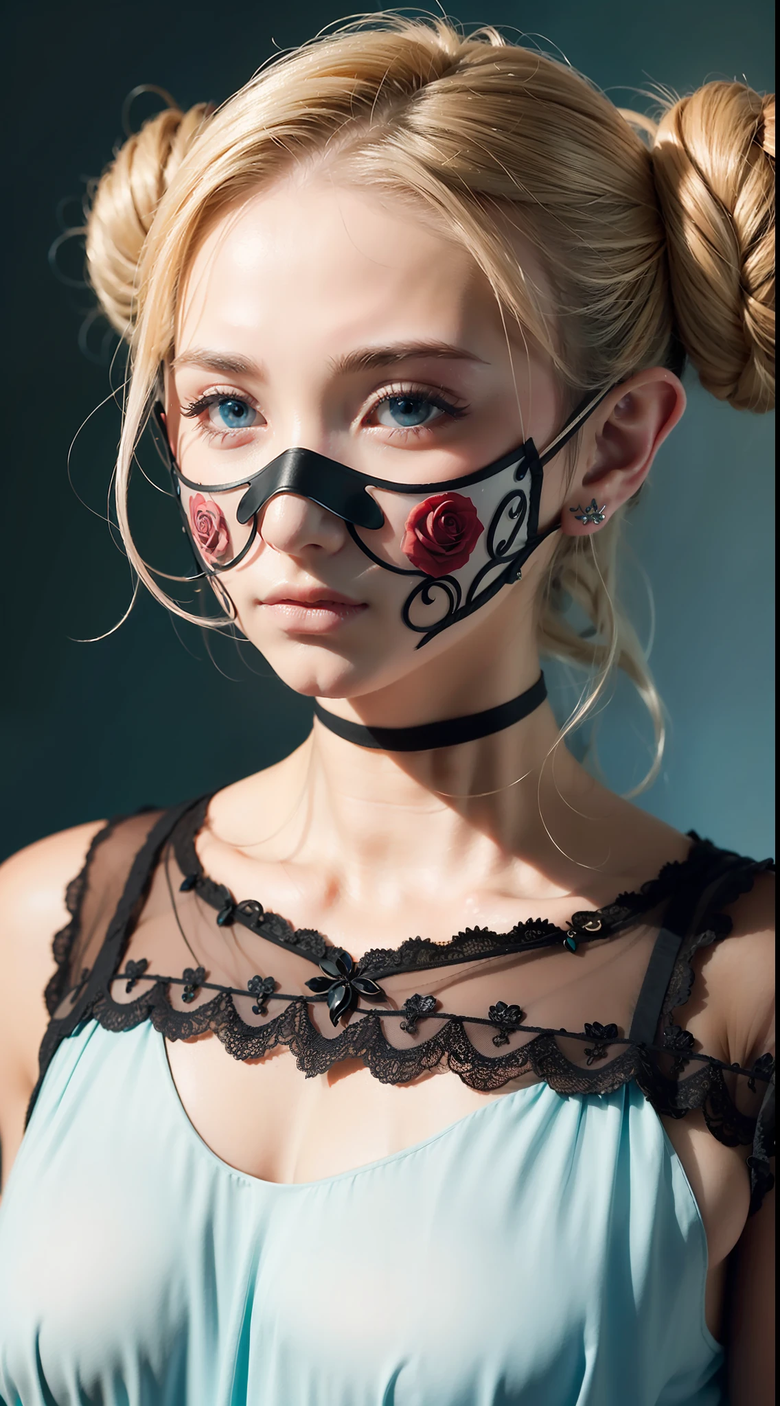 Rose-patterned masks are elaborately depicted,Delicate skin,Blue charming eyes,watered eyes,Delicate blonde bun,elvish ears,Soft light and shadow,best quality wallpaper,ultra HD picture quality。