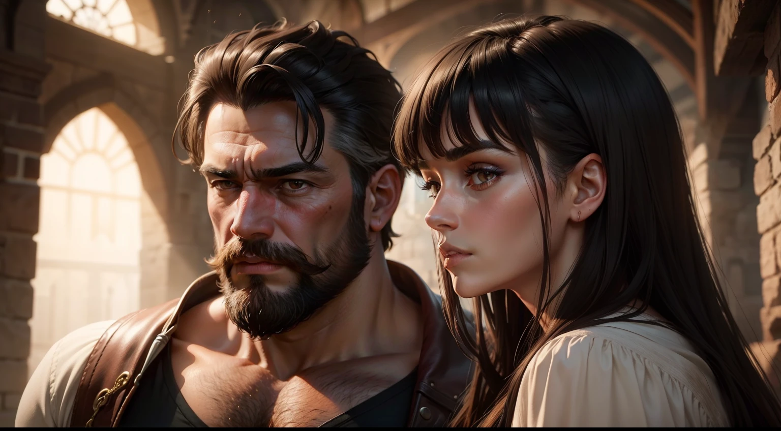 Middle-aged man with muscular beard with his gorgeous girlfriend dark-skinned brunette with black hair, cinematic 4K medieval