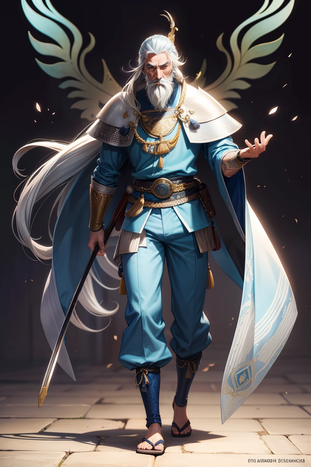 realista, elderly, barba branca, asiatic, japanese, magro, fantasia, roupa comprida, armadura medieval, light blue pants, roupa branca, corpo inteiro