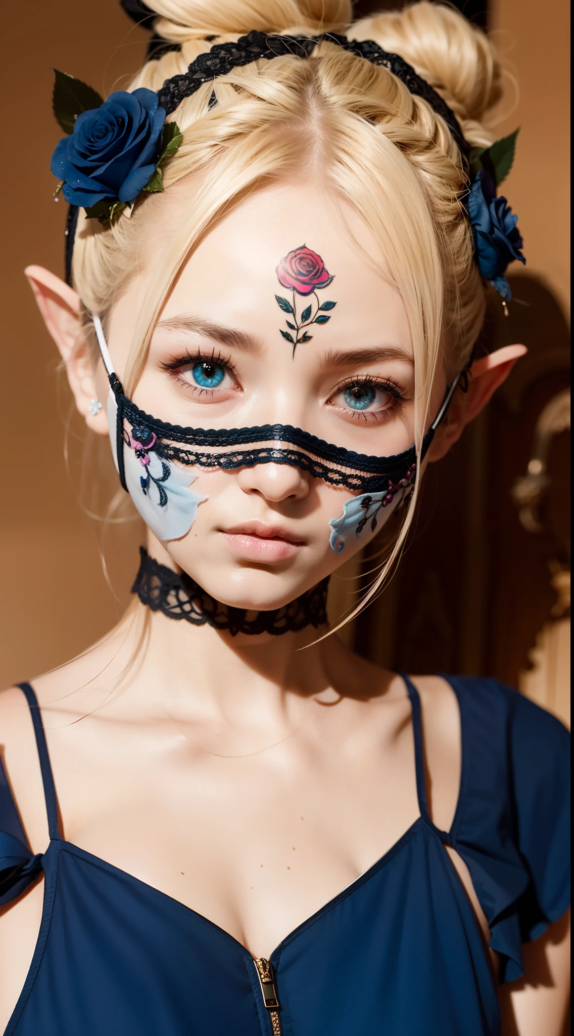 Rose-patterned masks are elaborately depicted,Delicate skin,Blue charming eyes,watered eyes,Delicate blonde bun,elvish ears,Soft light and shadow,best quality wallpaper,ultra HD picture quality。