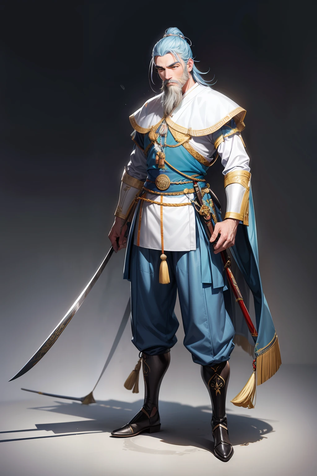 realista, idoso, barba longa e branca, asiatic, Japanese, magro, fantasia, roupa comprida, Armadura medieval, light blue pants, mundo, roupa branca, chapeu Jingasa, corpo inteiro, fundo branco