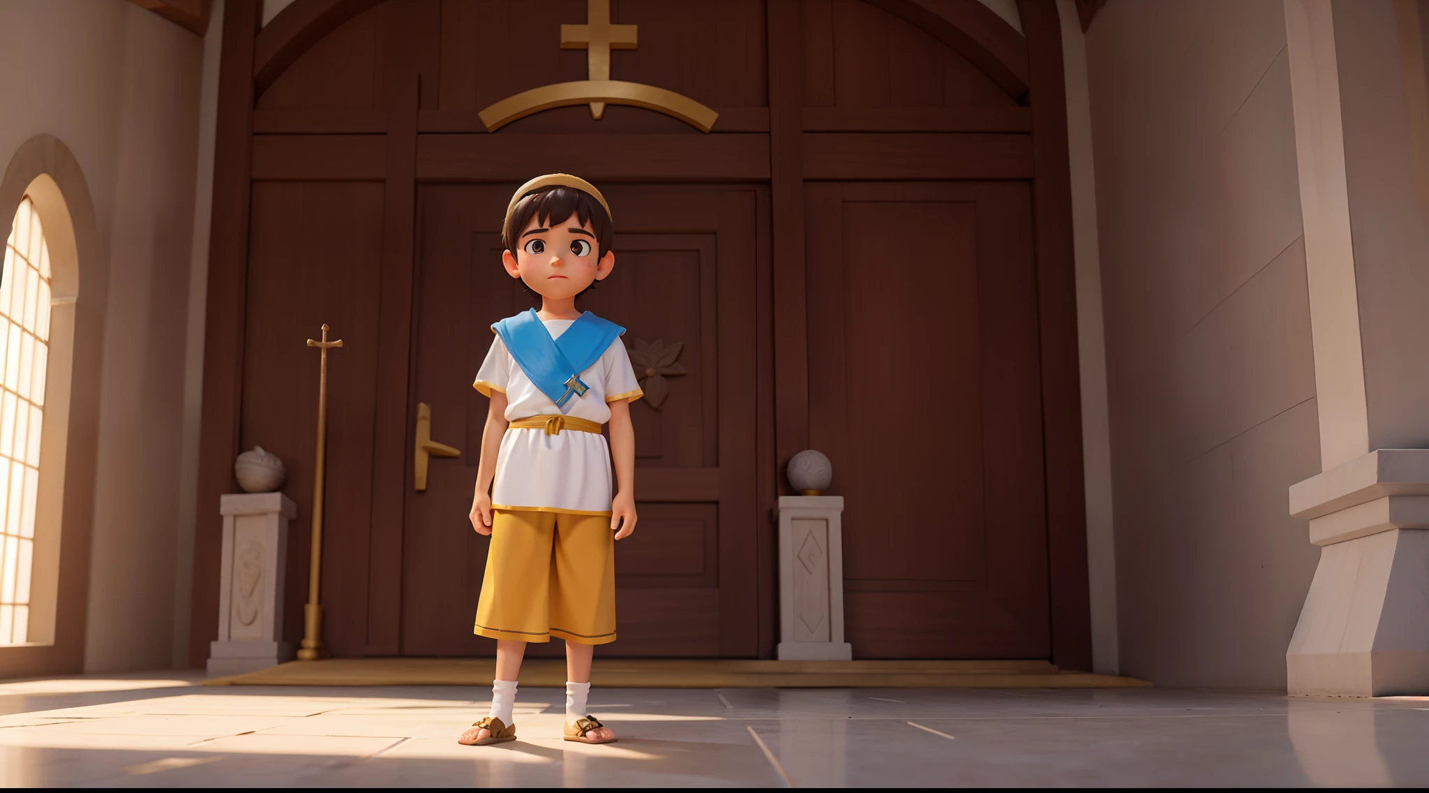 menino de 05 anos, templo hebreu antigo, biblical story (Samuel as a child). Sozinho com uma vassoura limpando qualidade 8k, disney