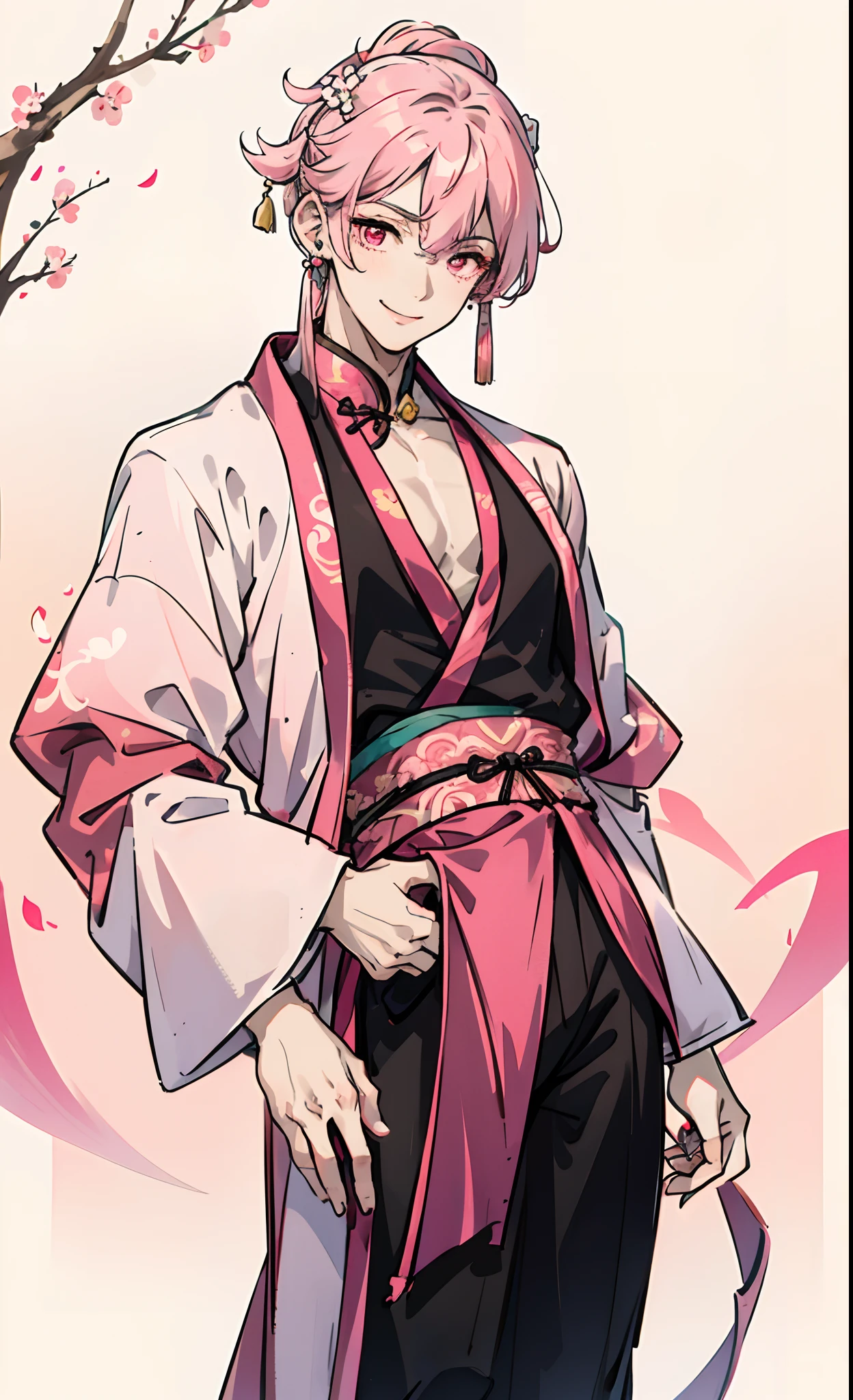 Boy with pink and white gradient hair,Pink Chinese costume Hanfu,Pink eyes,With a smile,Peach blossom background,Handsome,Black belly,Long Earings