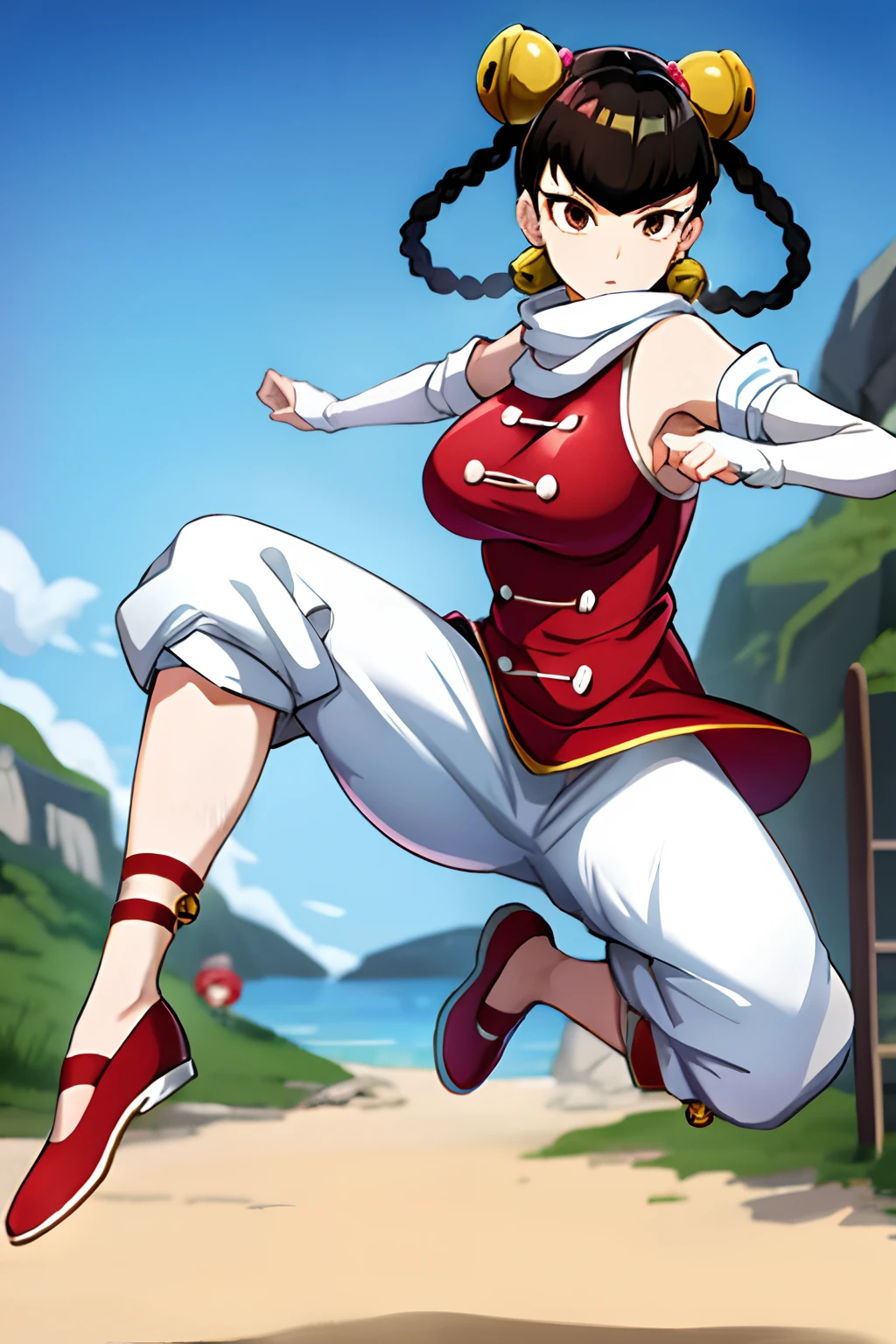 masterpiece, best quality, absurdres, 1girl, lin lin (one-punch man), medium breasts, brown eyes, solo, short hair, bangs, black hair, twin braids, bell, jingle bell, hair bell, hair ornament, gloves, dress, bare shoulders, jewelry, braid, earrings, detached sleeves, shoes, sleeveless, elbow gloves, pants, white gloves, fingerless gloves, white scarf, chinese clothes, red footwear, bridal gauntlets, hair rings, white pants, outdoors, fighting stance, village in beach, full body, walking