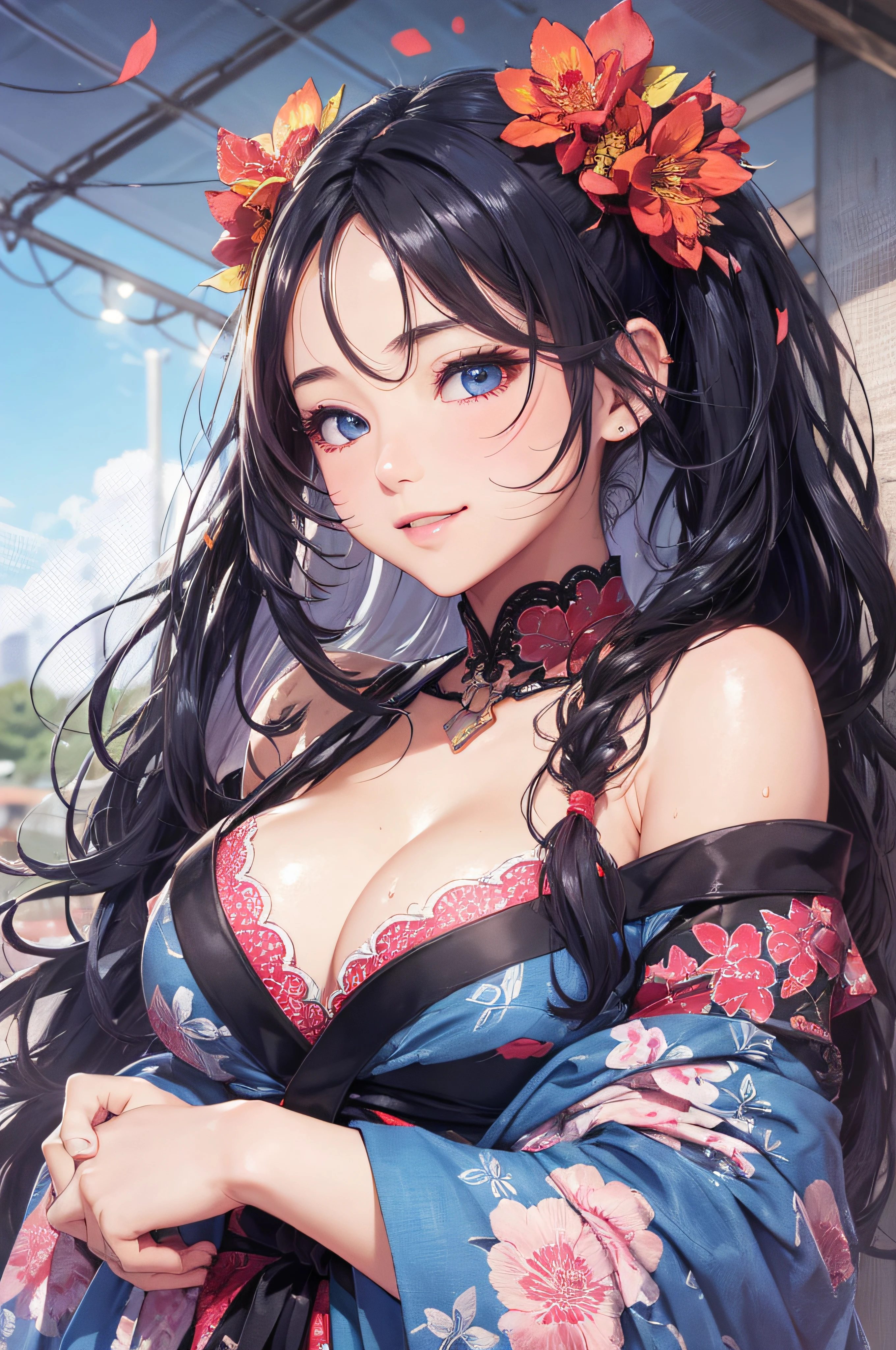 8K picture quality、top-quality、masutepiece、An ultra-high picture quality、ultra-detailliert、Ultra-realistic hair quality、Vibrant colors、Beautuful Women、Beautiful long hair、Shiny hair、detailed hairs、Blue Mesh、poneyTail、Blue eyes、shinny skin、Lace underwear、Very gigantic-breasts、Sweat on the forehead and cheeks、extremely big ass、Fluffy off-shoulder yukata、A smile、soft pink lips、Ultra-realistic flesh feeling、Red cheeks、summer festival in background