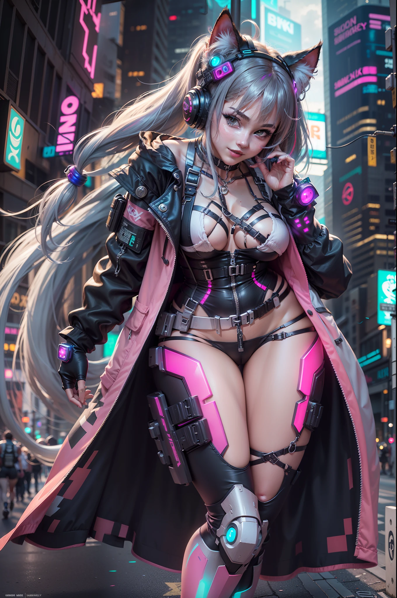 (RAW photo, best quality, masterpiece:1.2), (realistic, photo-realistic:1.4),(masterpiece:1.4),(best quality:1.4), ((sexy cyberpunk catgirl)), big breasts, :d, (bangs), blush, ((colorful body harness)), ((dynamic pose)), cowboy shot, (((cyberpunk city streets background))), hair intakes, ((shapeless long hair)), glowing neon accents, looking at viewer, sidelocks, smile, (((thigh gap))), thighs, twintails, very long hair, multicolor hair, alice \(nikke\),(shiny skin),realistic.