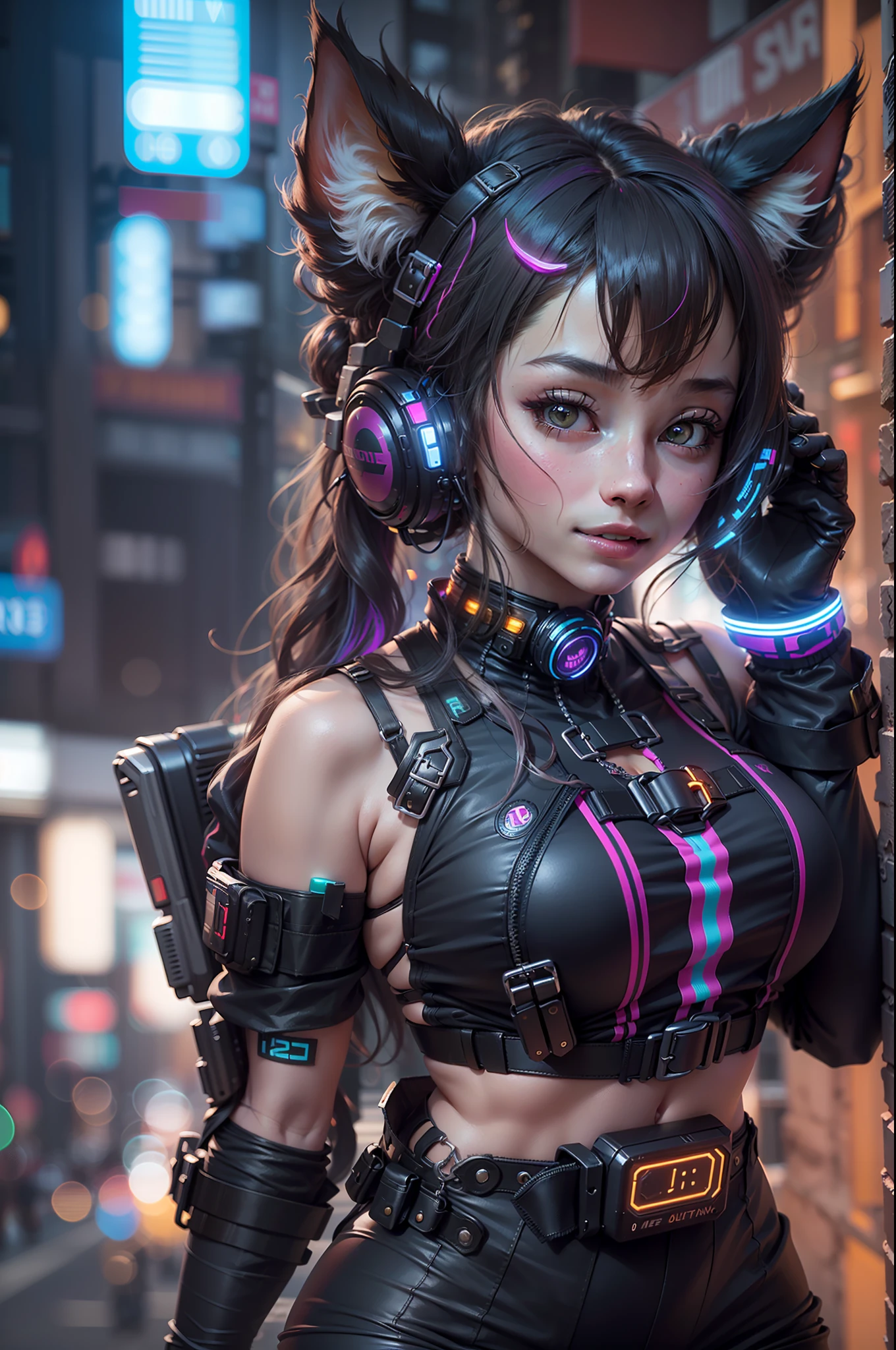 ((Best Quality)), ((masutepiece)), (Highly detailed:1.3), 。.3D, Beautiful (Cyberpunk:1.3) Hacker woman with thick voluminous hair operating computer terminal, NSFW, Crawl like a cat, Low angle camera view, Focus on DSLR effect, Depth Field.年轻10generation、a smile、、a baby faceent color