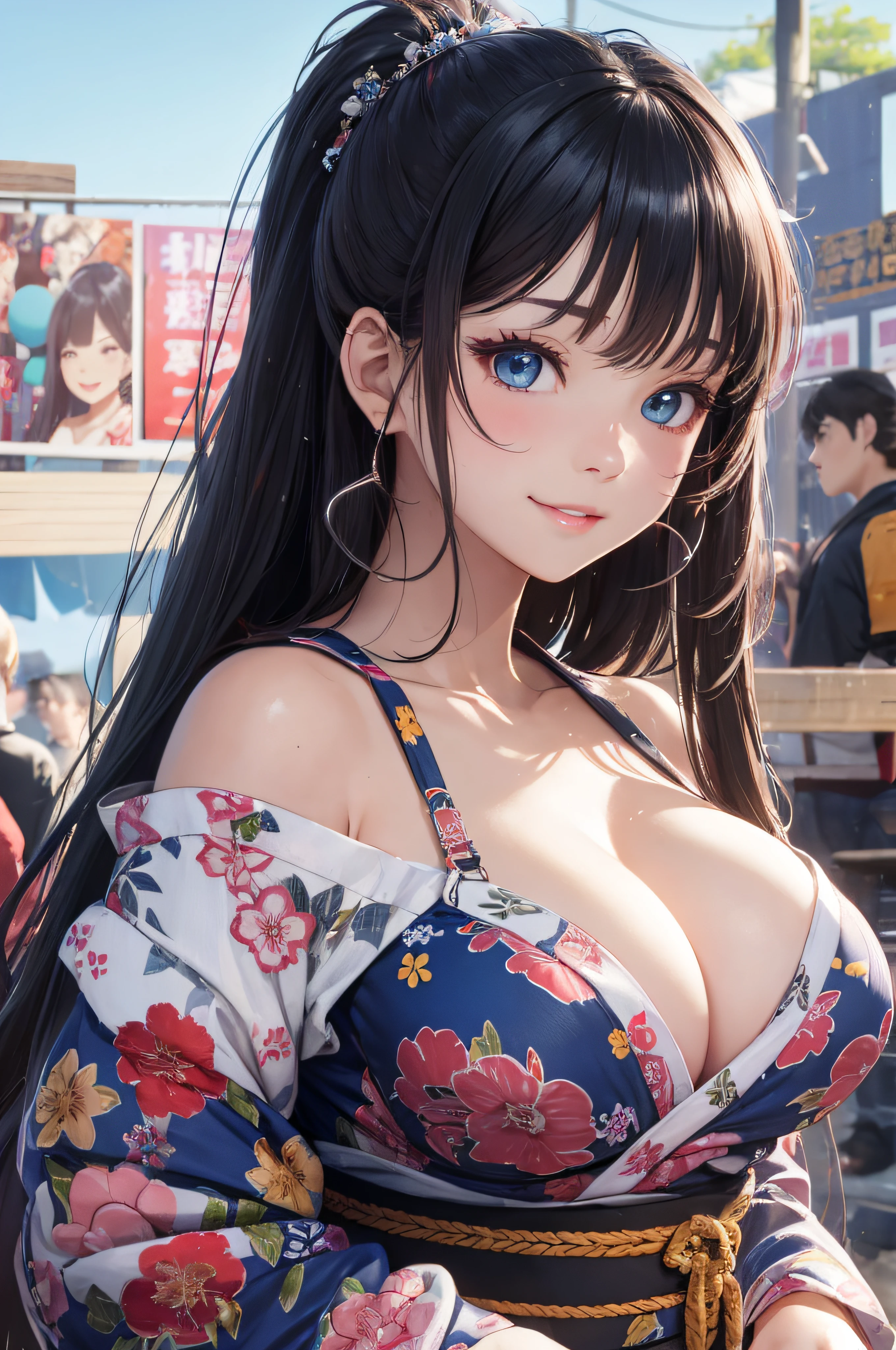 8K picture quality、top-quality、masutepiece、An ultra-high picture quality、ultra-detailliert、Ultra-realistic hair quality、Vibrant colors、Beautuful Women、Beautiful long hair、Shiny hair、detailed hairs、Blue Mesh、poneyTail、Blue eyes、shinny skin、Lace underwear、Very gigantic-breasts、Sweat on the forehead and cheeks、extremely big ass、Fluffy off-shoulder yukata、A smile、soft pink lips、Ultra-realistic flesh feeling、Red cheeks、summer festival in background