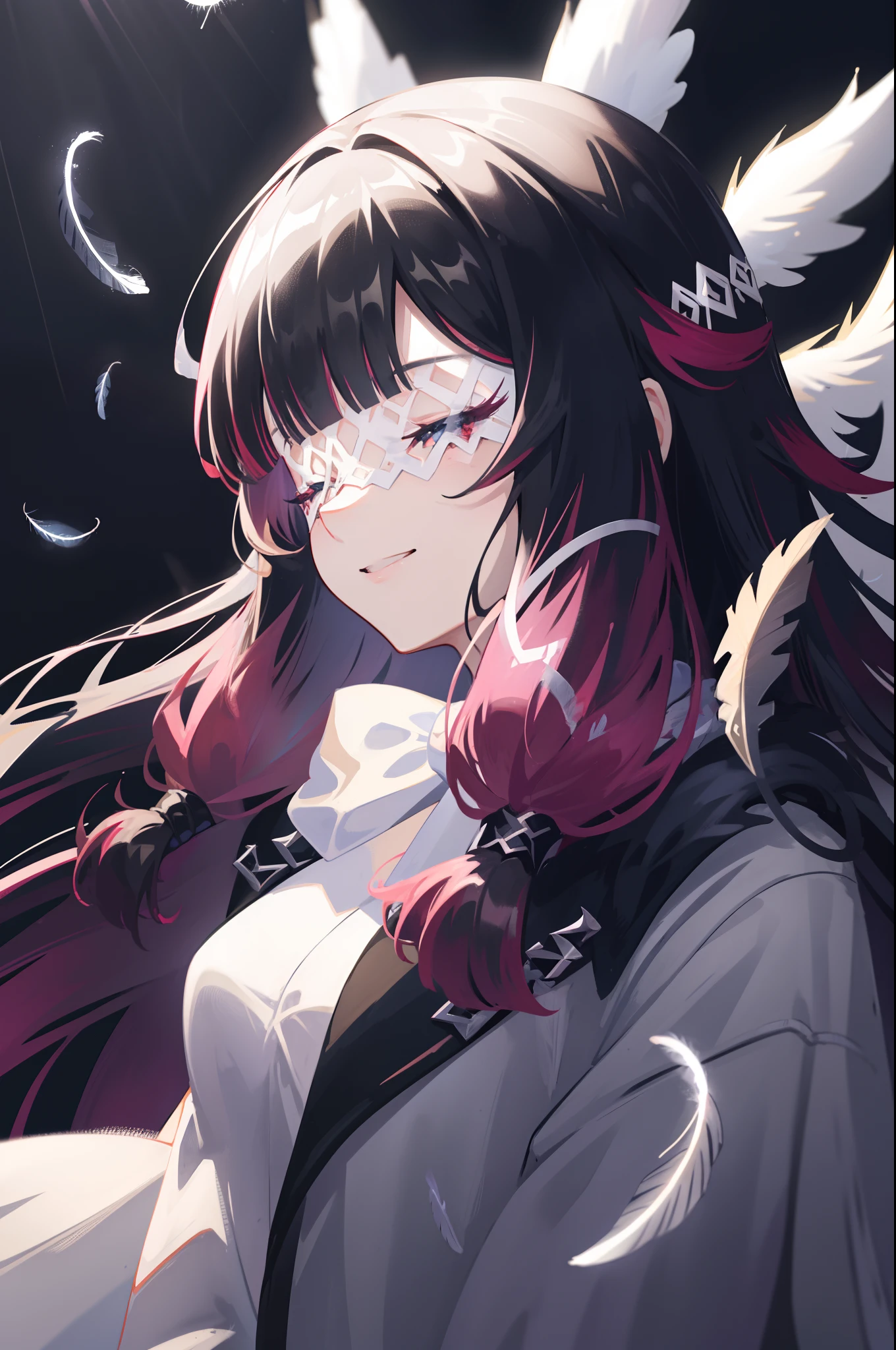 1girl, long hair, black hair, red hair, solo, closed eyes, eye_mask, head wings, hair ornament, blunt bangs, light blue spotlight shining down, feathers, dark, angel wings, falling feathers, evil, mysterious, over the shoulder pose, black background, wind, smiling, jacket