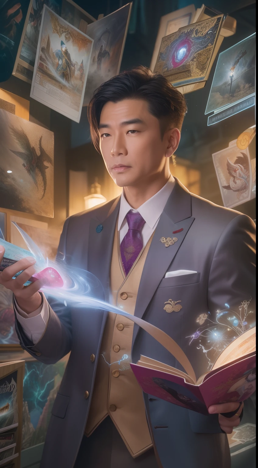 A detailed painting depicting a handsome, mature Asian man in a suit surrounded by a flurry of glowing Magic The Gathering cards and the book Dungeons and Dragons in the center.