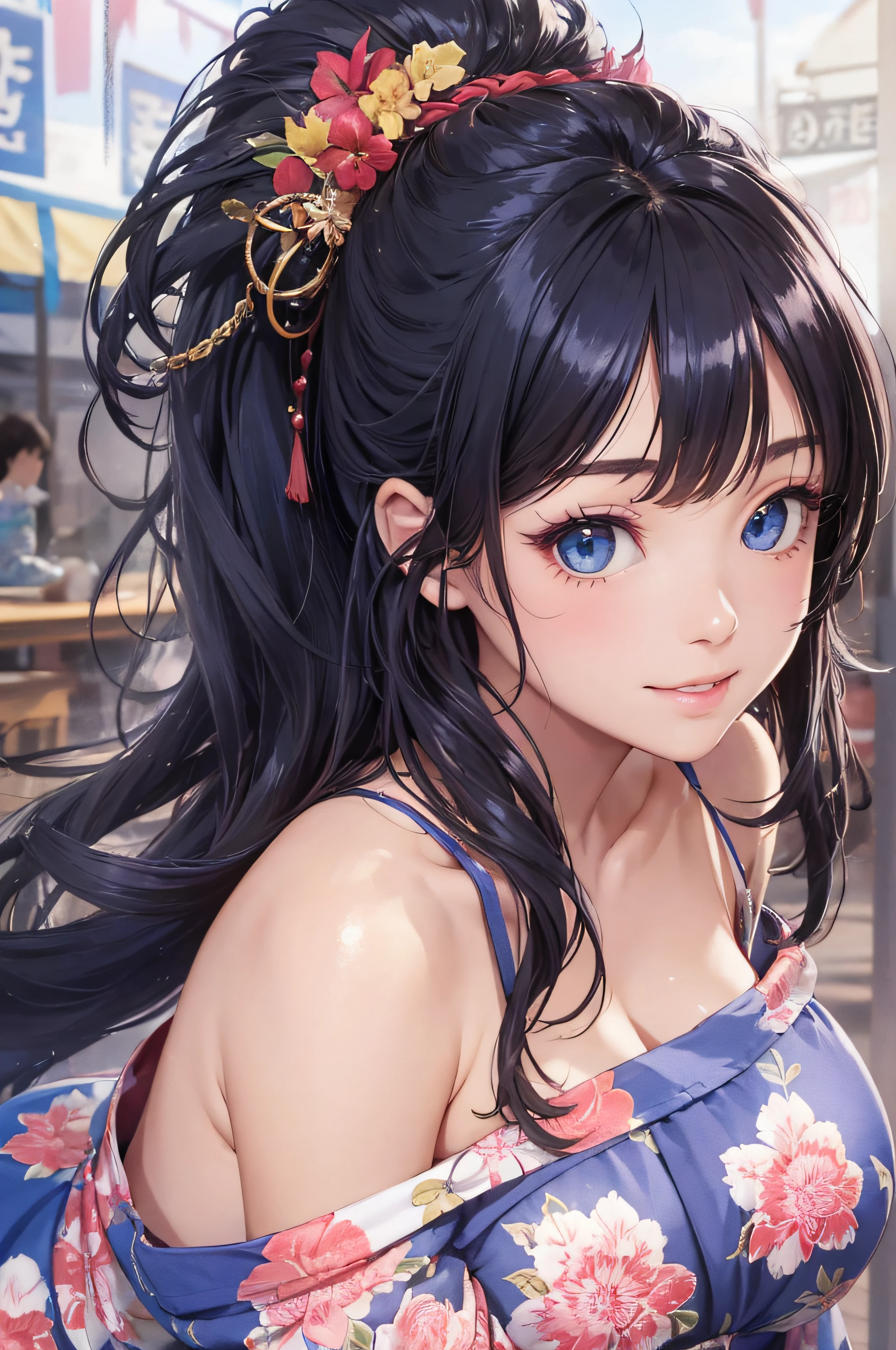 8K picture quality、top-quality、masutepiece、An ultra-high picture quality、ultra-detailliert、Ultra-realistic hair quality、Vibrant colors、Beautuful Women、Beautiful long hair、Shiny hair、detailed hairs、Blue Mesh、poneyTail、Blue eyes、shinny skin、Lace underwear、Very gigantic-breasts、Sweat on the forehead and cheeks、extremely big ass、Fluffy off-shoulder yukata、A smile、soft pink lips、Ultra-realistic flesh feeling、Red cheeks、summer festival in background