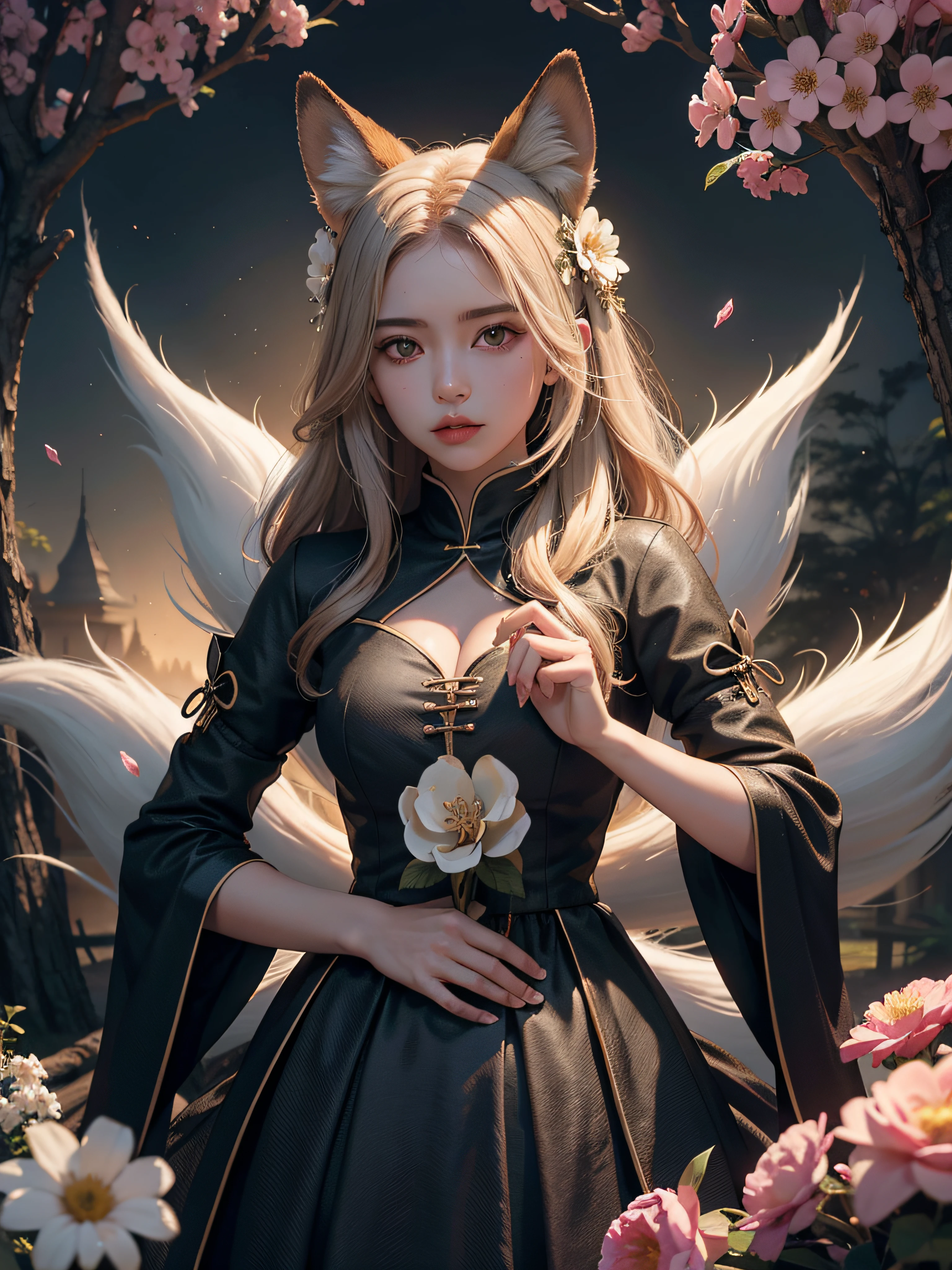 1girl, solo, arte oficial, Unity 8k papel de parede, ultra detalhado, handsome and aesthetic, obra-prima, melhor qualidade, flor sakura, fotorrealista, (fundo abstrato), emaranhado, fundo emaranhado: 0.7) Kitsune, fox mask, jaqueta haori, Bonfire spell, raposa familiar, morphing, profundidade de campo, Fantastical Atmosphere, a mais bela forma de caos, elegante, um brutalista projetado, flor da morte, flower ecstasy