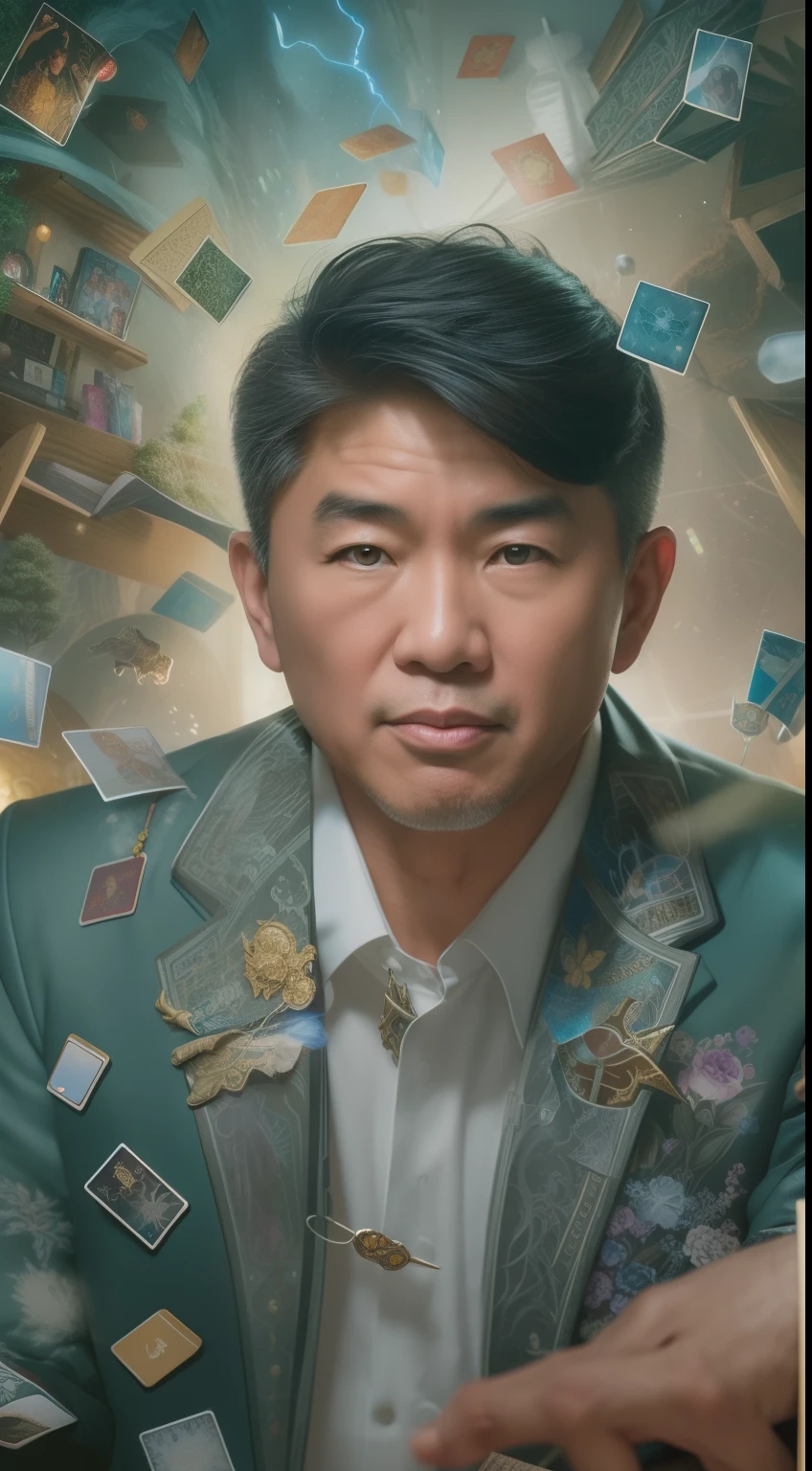 A detailed painting depicting a handsome, mature Asian man in a suit surrounded by a flurry of glowing Magic The Gathering cards and the book Dungeons and Dragons in the center.