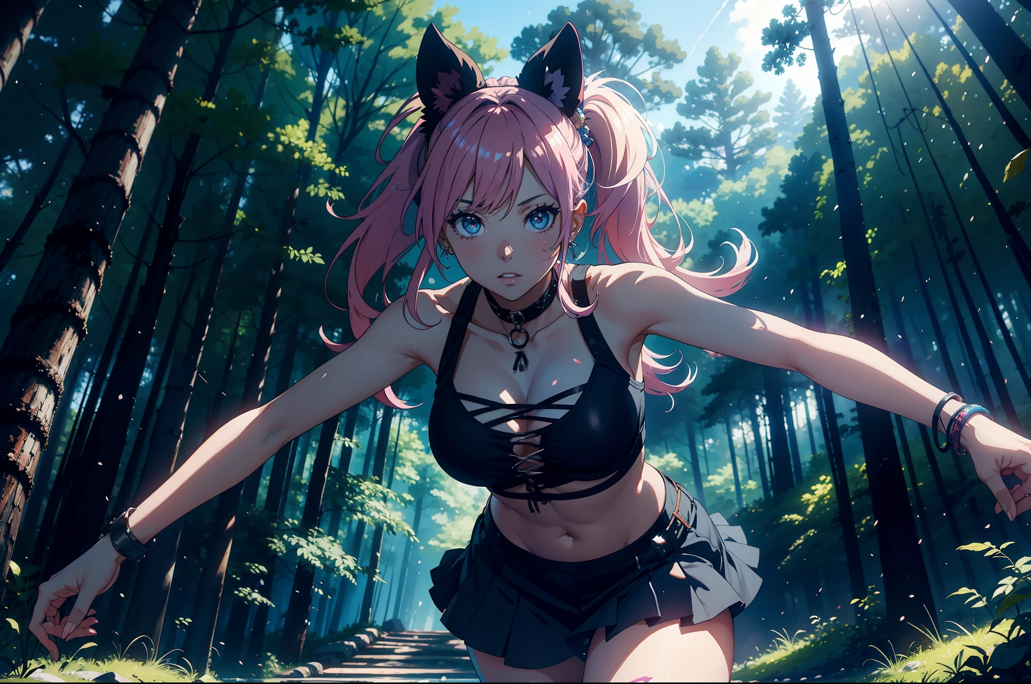 Anime style. In the middle of a large forest in North America a rave is celebrated. Es verano, hace calor, Es de noche y hay hogueras que dan buena luz a la imagen. Una mujer de gran belleza con un look alternativo y pseudo-hippie baila con los brazos abiertos en estado de euforia y trance. (La mejor calidad) (obra maestra)