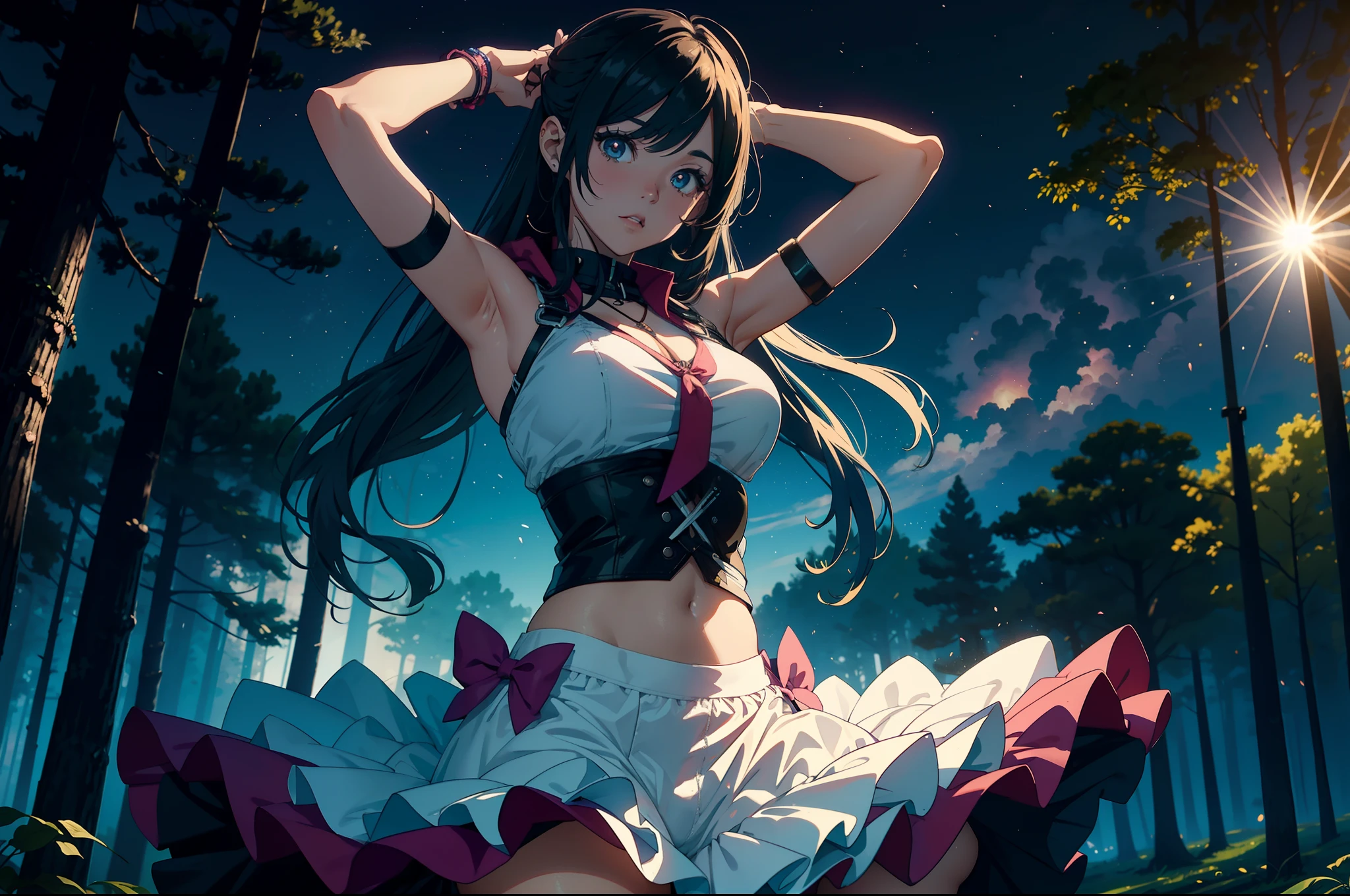 Anime style. In the middle of a large forest in North America a rave is celebrated. Es verano, hace calor, Es de noche y hay hogueras que dan buena luz a la imagen. Una mujer de gran belleza con un look alternativo y pseudo-hippie baila con los brazos abiertos en estado de euforia y trance. (La mejor calidad) (obra maestra)