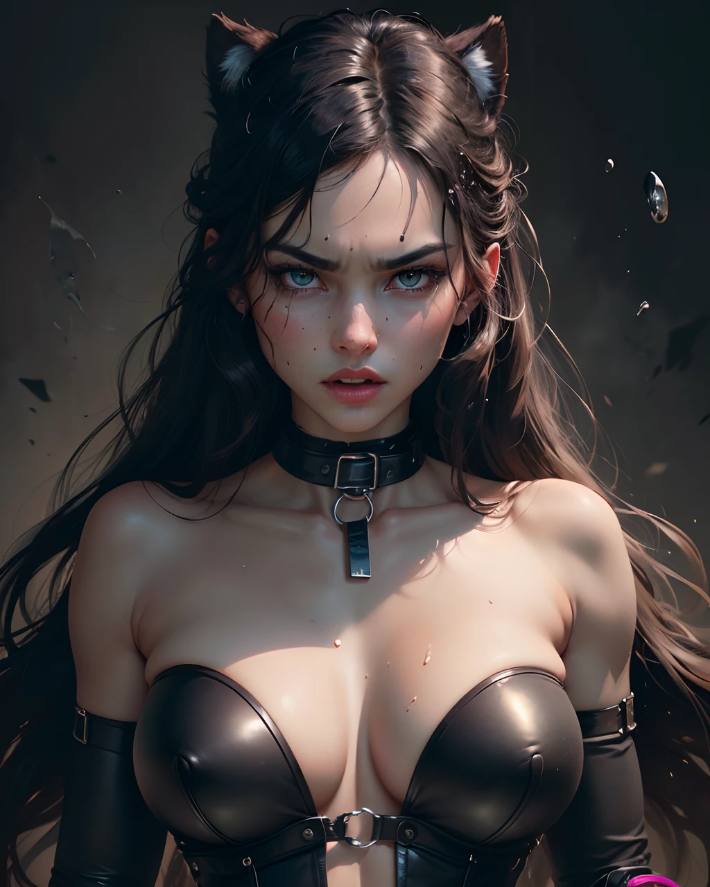 Angry Face, BDSM,slave,Rubber,Black Corset,Bondage,Collar,NSFW,((Best Quality, 8k, Masterpiece:1.3))), Crisp Focus: 1.2、(Layer Cut, Big:1.2),Beautiful Woman with Perfect Figure: 1.4、Slender Abs:1.2、Wet Body:1.5、Highly Detailed Face and Skin Texture、Detailed Eyes、Double Eyelids,Long Hair