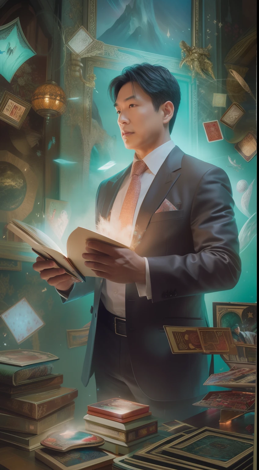 A detailed painting depicting a handsome, mature Asian man in a suit surrounded by a flurry of glowing Magic The Gathering cards and the book Dungeons and Dragons in the center.