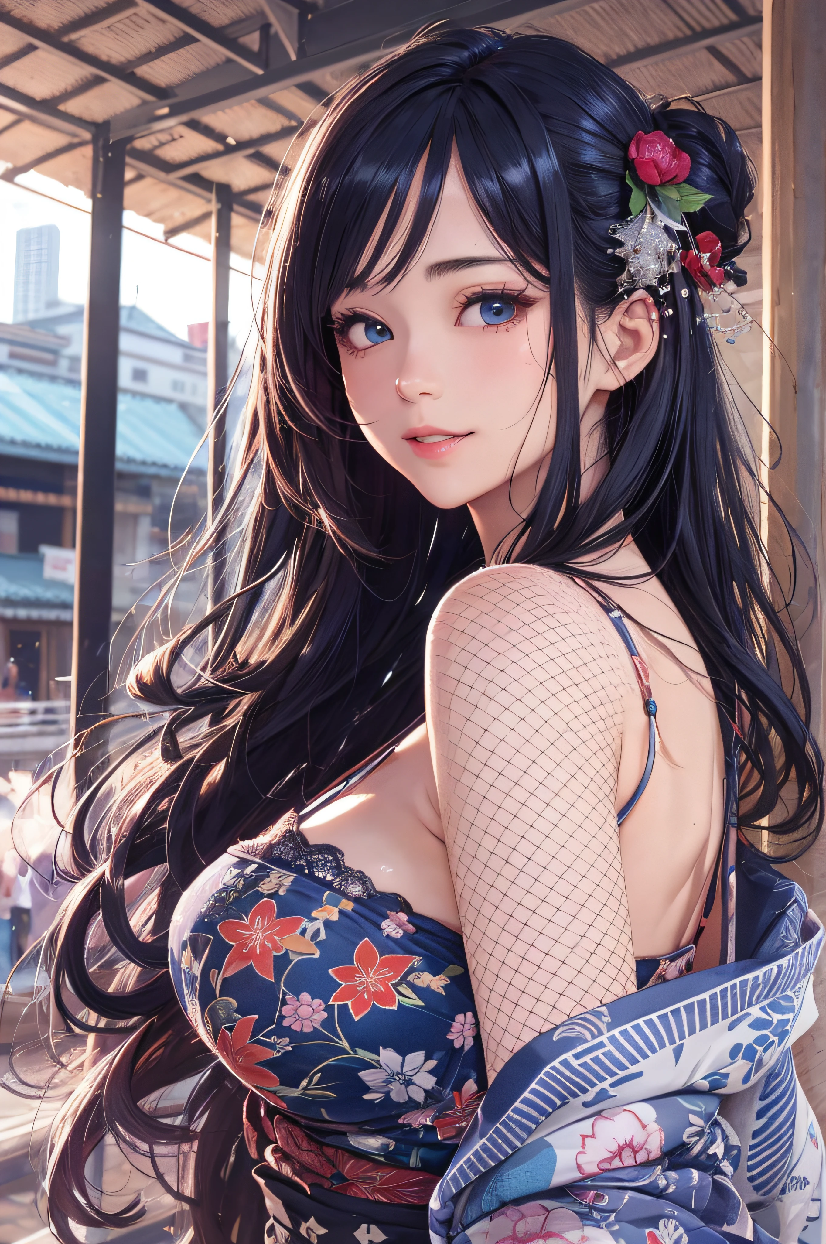 8K picture quality、top-quality、masutepiece、An ultra-high picture quality、ultra-detailliert、Ultra-realistic hair quality、Vibrant colors、Beautuful Women、Beautiful long hair、Shiny hair、detailed hairs、Blue Mesh、poneyTail、Blue eyes、shinny skin、Lace underwear、One mole on the chest、large pectoral muscles、Very gigantic-breasts、Sweat on the forehead and cheeks、extremely big ass、Fluffy off-shoulder yukata、A smile、soft pink lips、Ultra-realistic flesh feeling、Red cheeks、summer festival in background