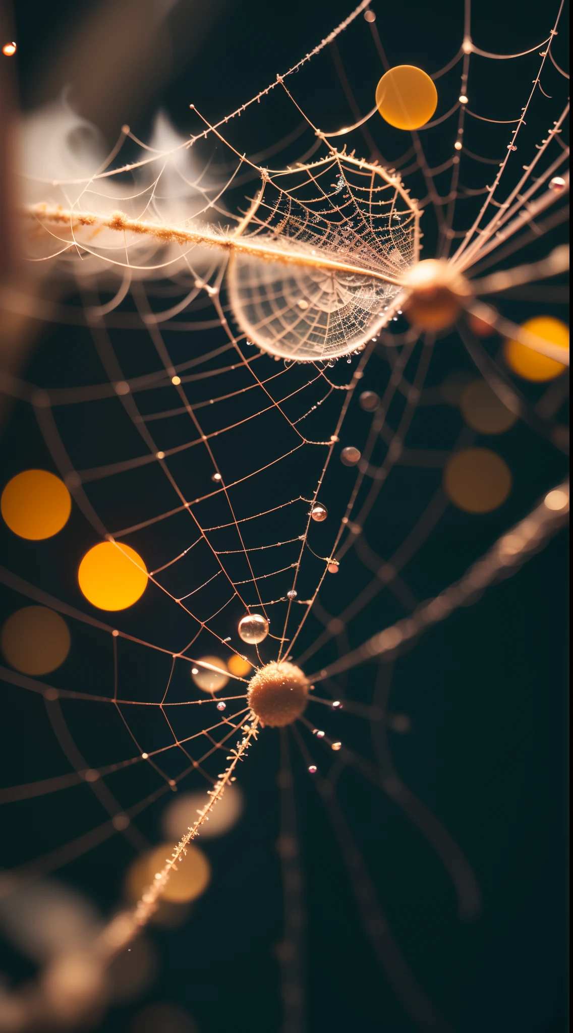 Divinely beautiful microscopic world , Masterpiece , Macro photography , cobweb close up, film grain, chromatic aberration, neon bokeh , smoke , highly detailed, Bright sunny weather, microflowers, drops, blur