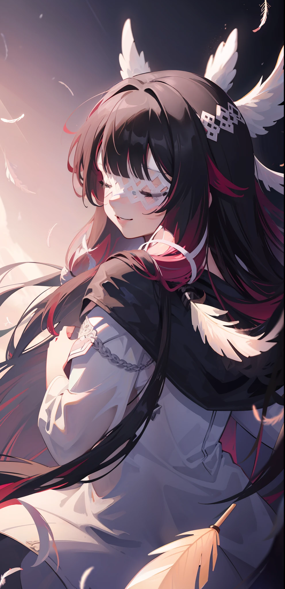 1girl, long hair, black hair, red hair, solo, closed eyes, eye_mask, head wings, hair ornament, blunt bangs, light blue spotlight shining down, feathers, dark, angel wings, falling feathers, evil, mysterious, over the shoulder pose, black background, wind, smiling, jacket, zoomed out